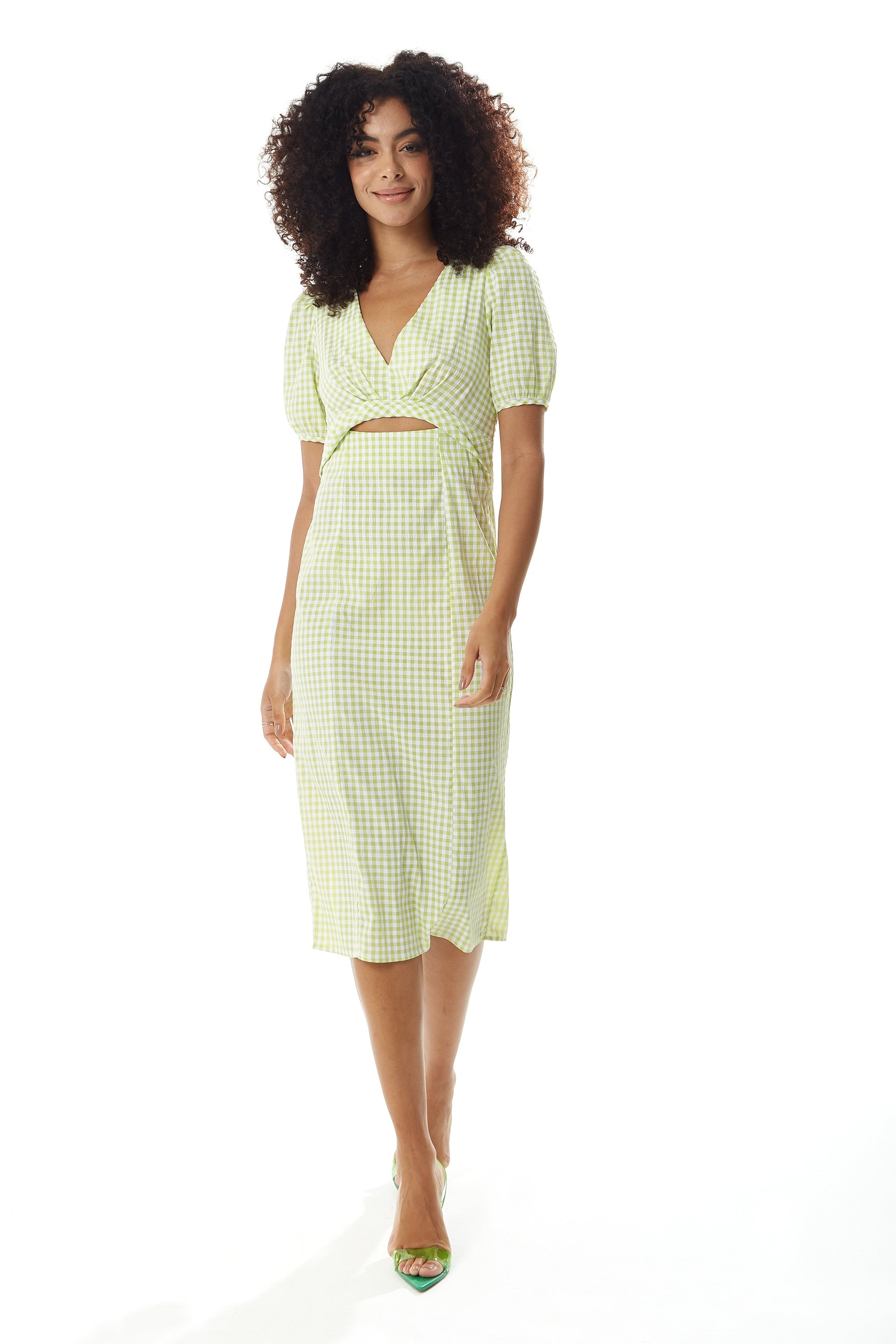 Women's Midi Dress with Short Sleeves in Green and White Gingham - Cut Out Front - Deep V Neck - Liquorish