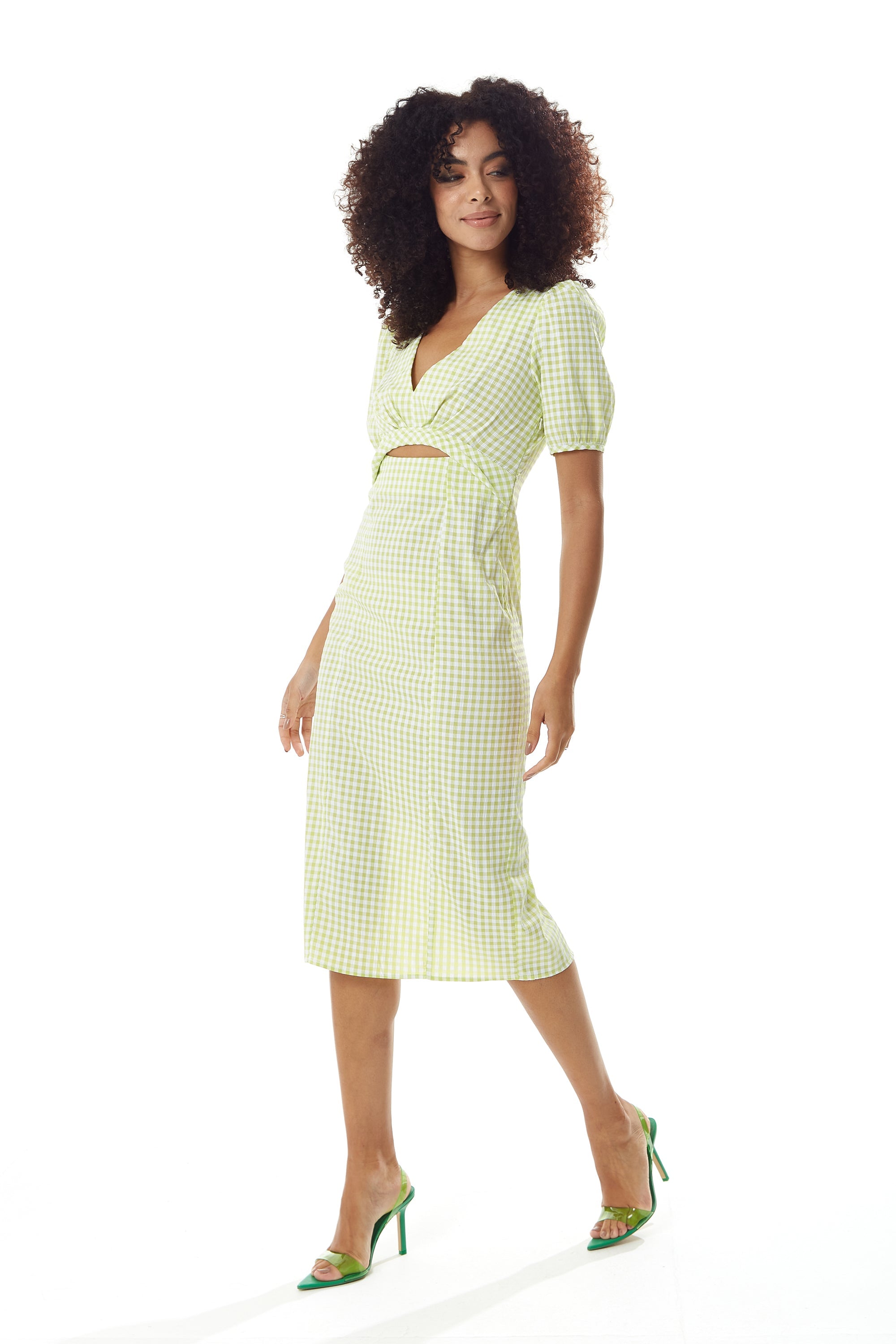 Women's Midi Dress with Short Sleeves in Green and White Gingham - Cut Out Front - Deep V Neck - Liquorish
