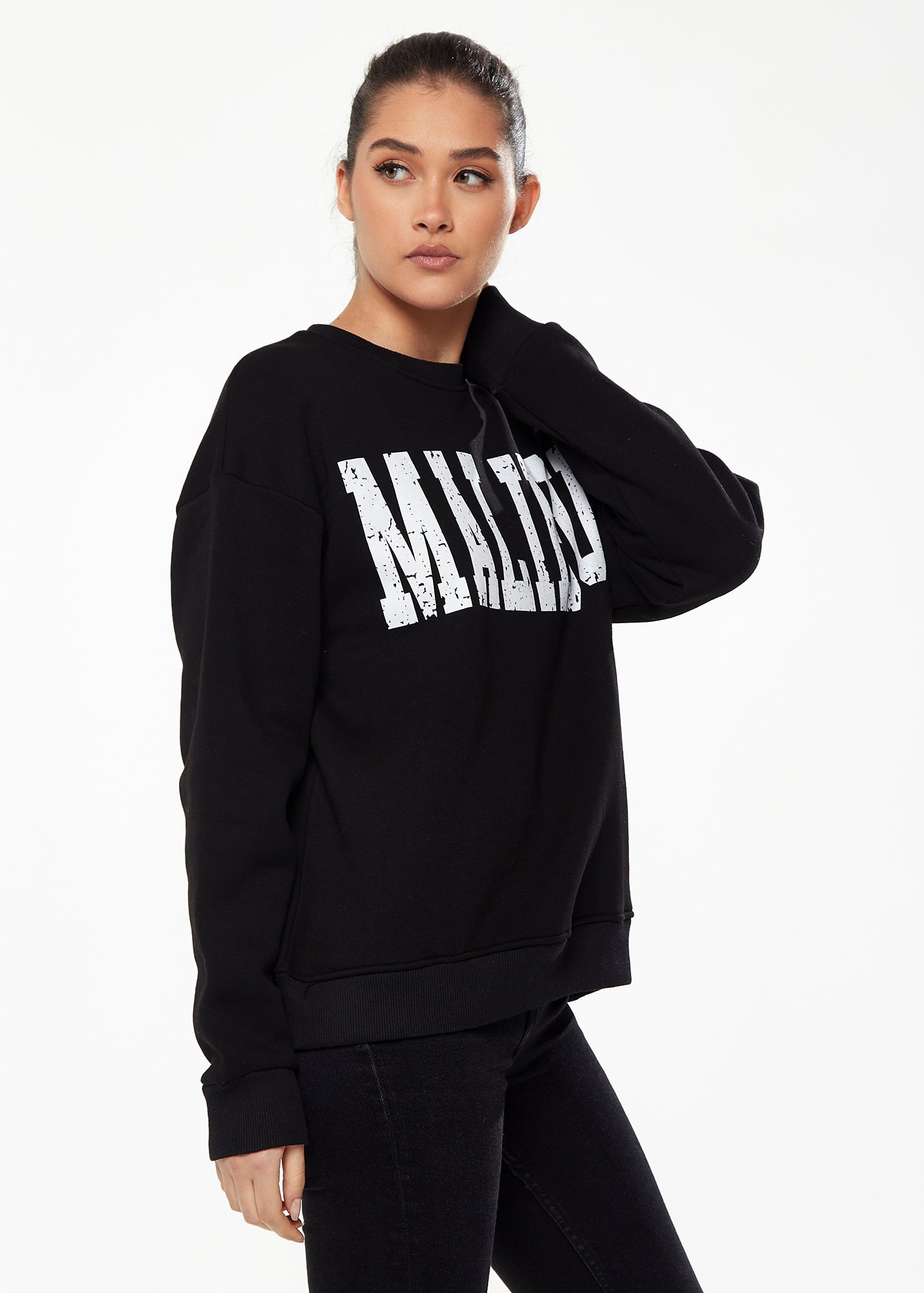 Women’s Sweatshirt with Malibu Print in Black - Classic Round Neck, Long Sleeves, Comfortable Fit, Versatile Style