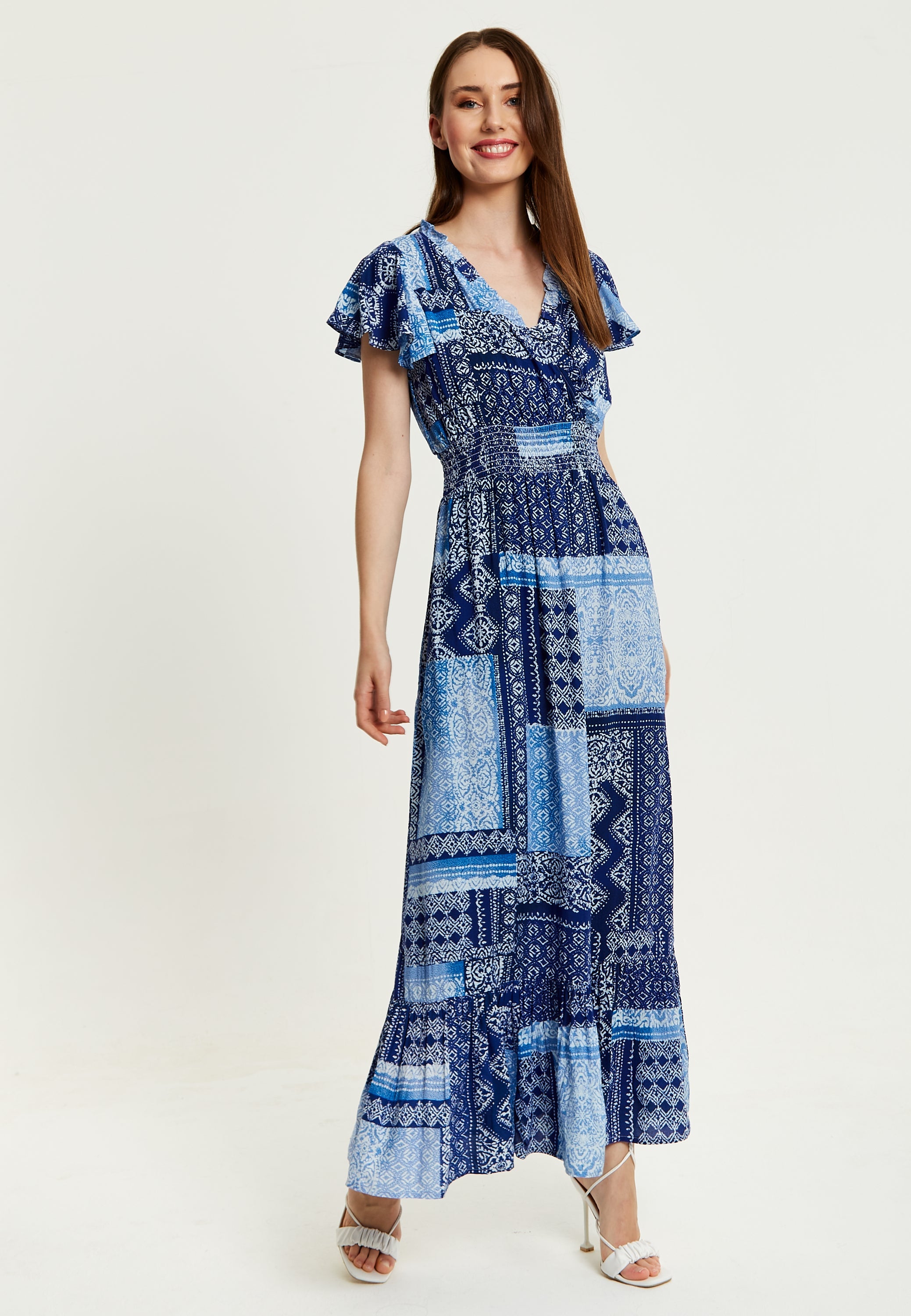 Women's Maxi Dress in Blue Tile Print with Short Sleeves and Open Back Tie Detail - Liquorish