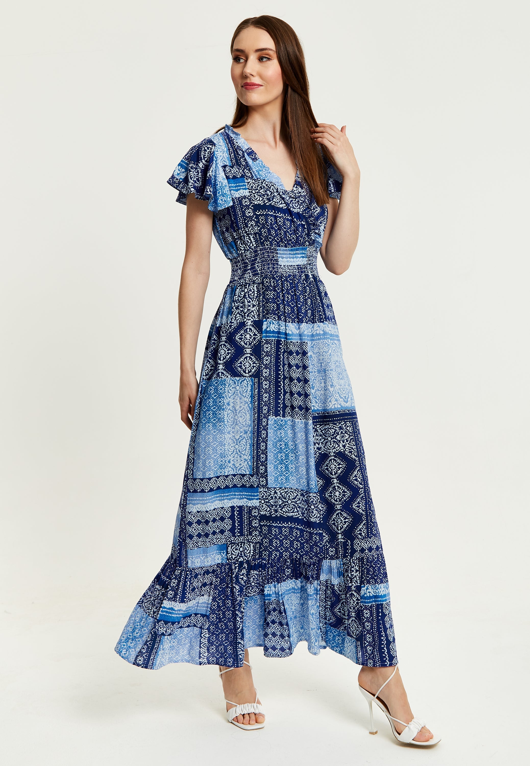 Women's Maxi Dress in Blue Tile Print with Short Sleeves and Open Back Tie Detail - Liquorish