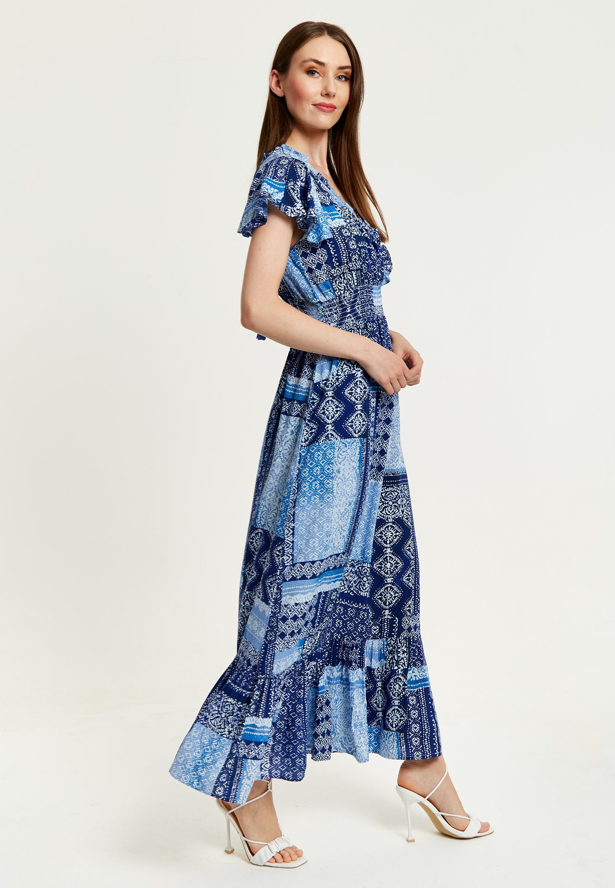 Women's Maxi Dress in Blue Tile Print with Short Sleeves and Open Back Tie Detail - Liquorish