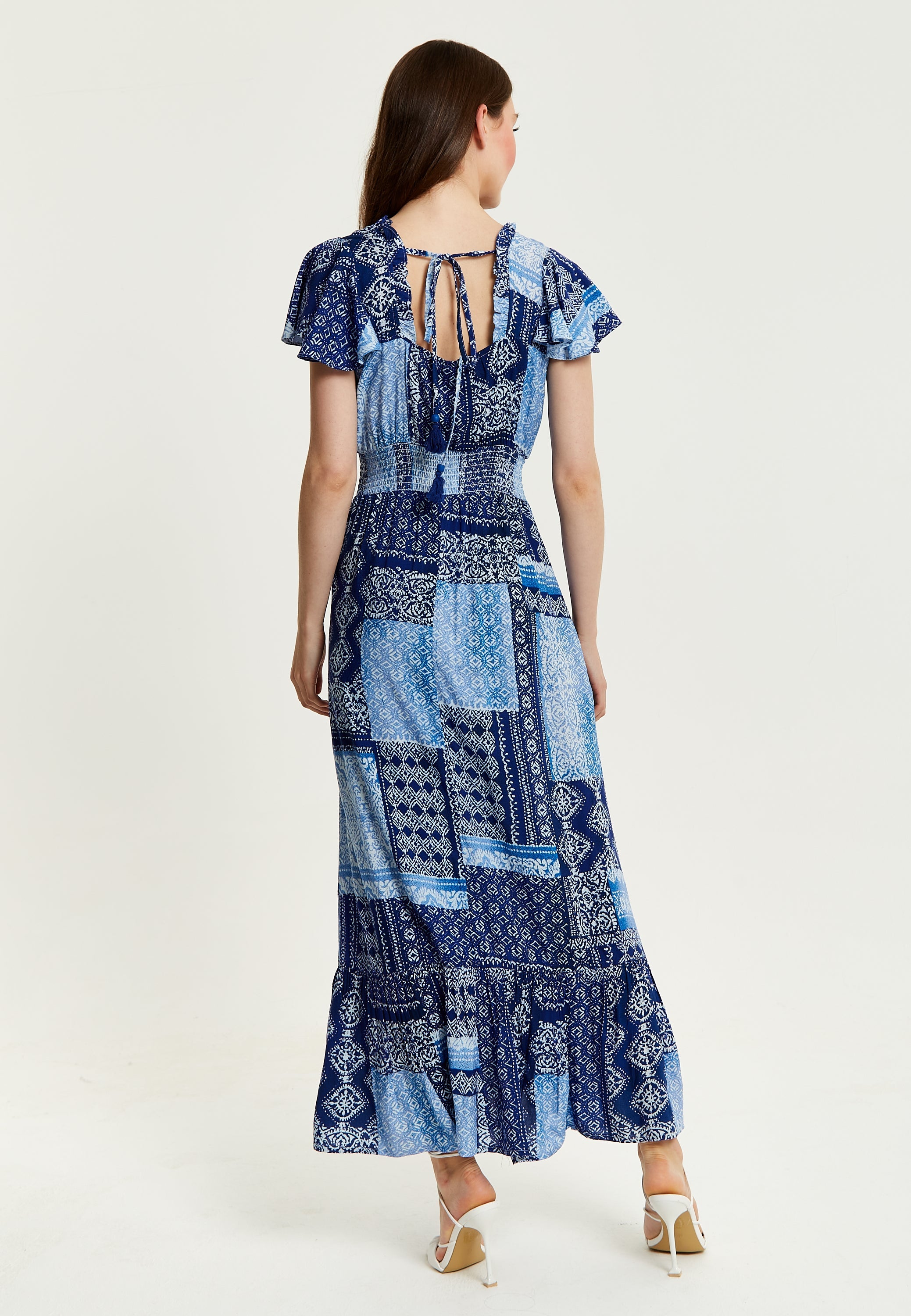 Women's Maxi Dress in Blue Tile Print with Short Sleeves and Open Back Tie Detail - Liquorish