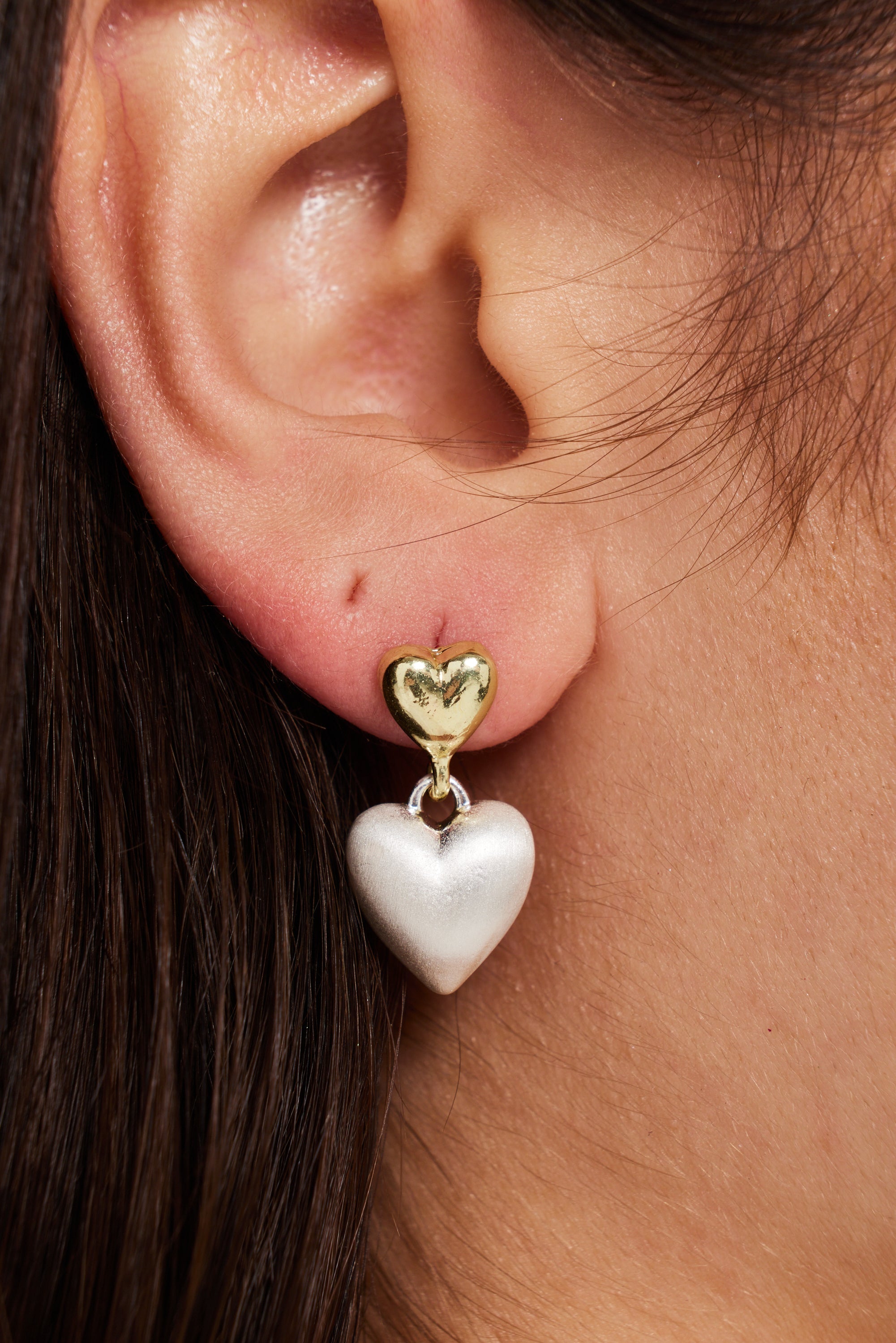 Liquorish Heart Stud Earrings With Pearl Heart Drop In Gold