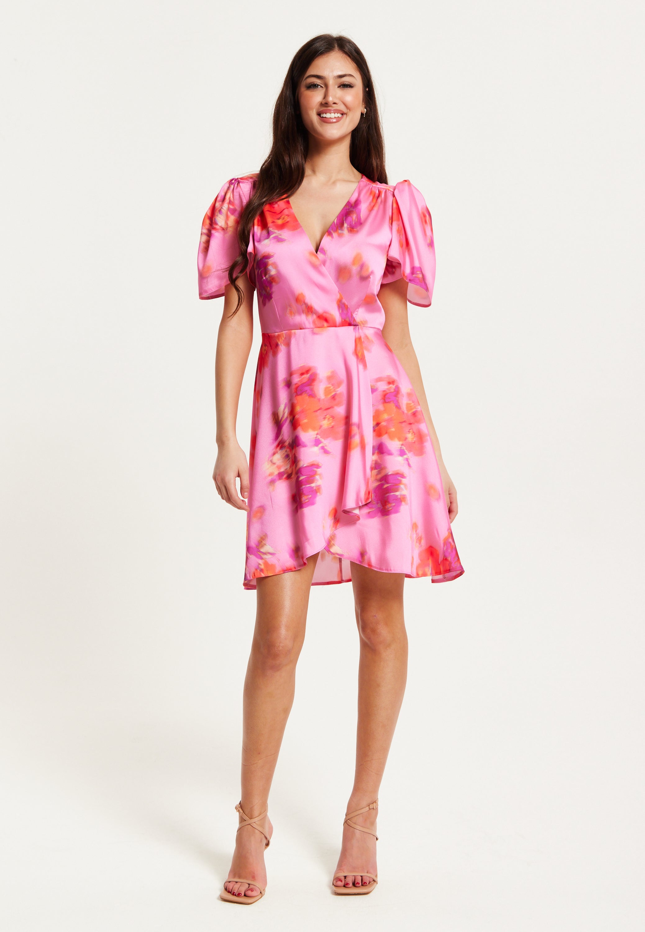 Women's Mini Dress with Angel Sleeves and Floral Print in Pink - Perfectly Chic by Liquorish