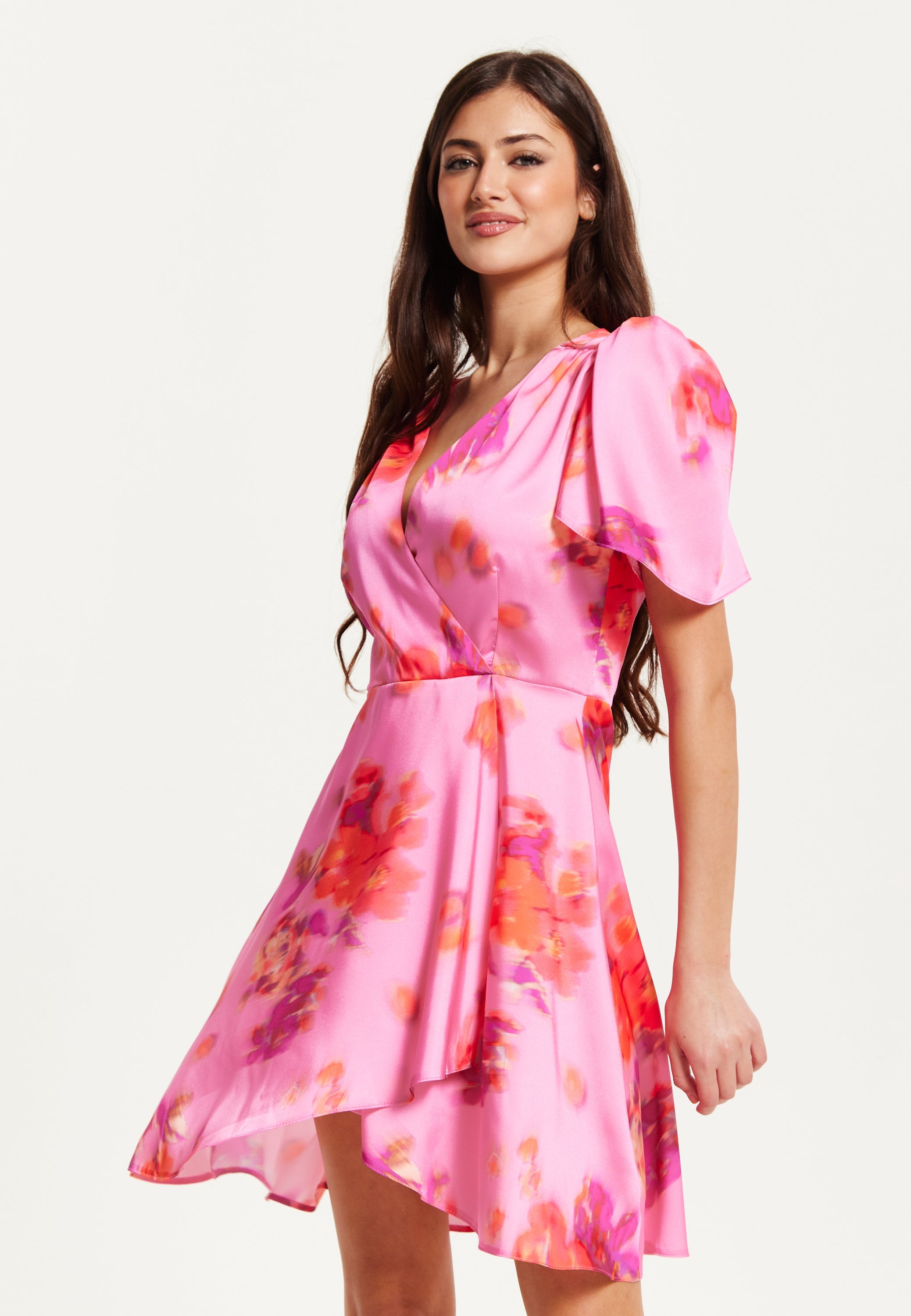 Women's Mini Dress with Angel Sleeves and Floral Print in Pink - Perfectly Chic by Liquorish