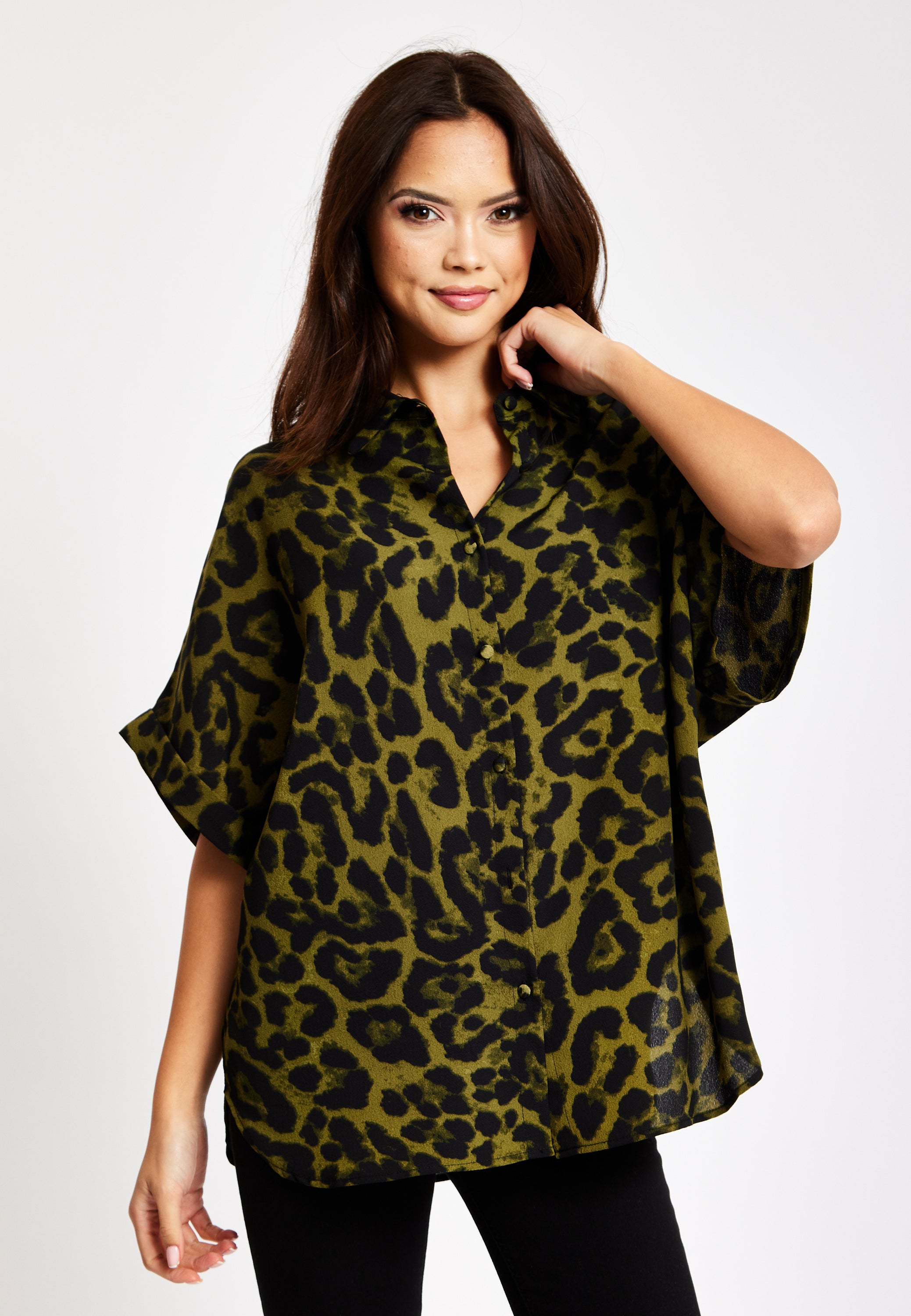 Women's Khaki Animal Print Shirt with Short Sleeves, Button-Up Front, Regular Fit, Shirt Collar