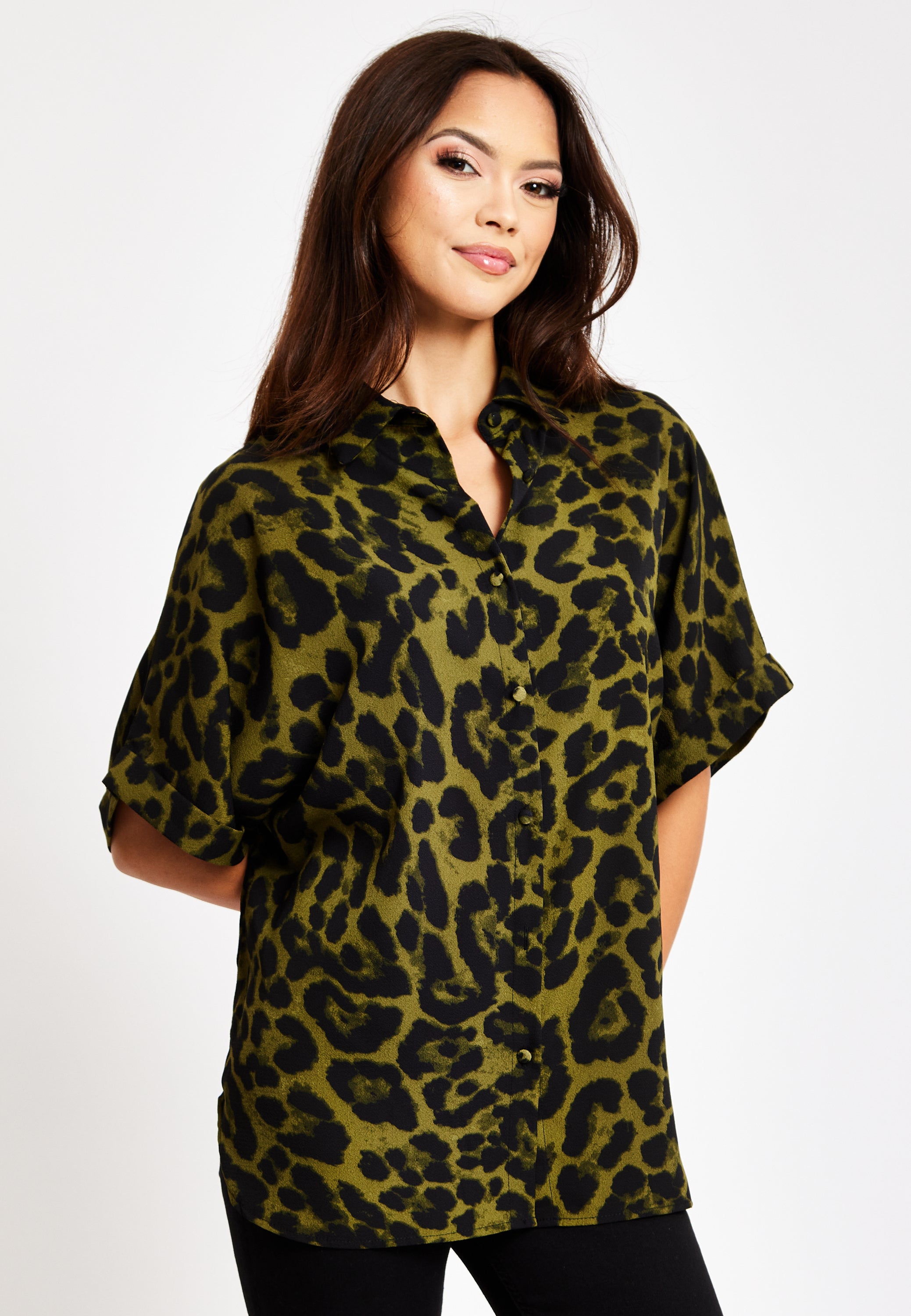 Women's Khaki Animal Print Shirt with Short Sleeves, Button-Up Front, Regular Fit, Shirt Collar
