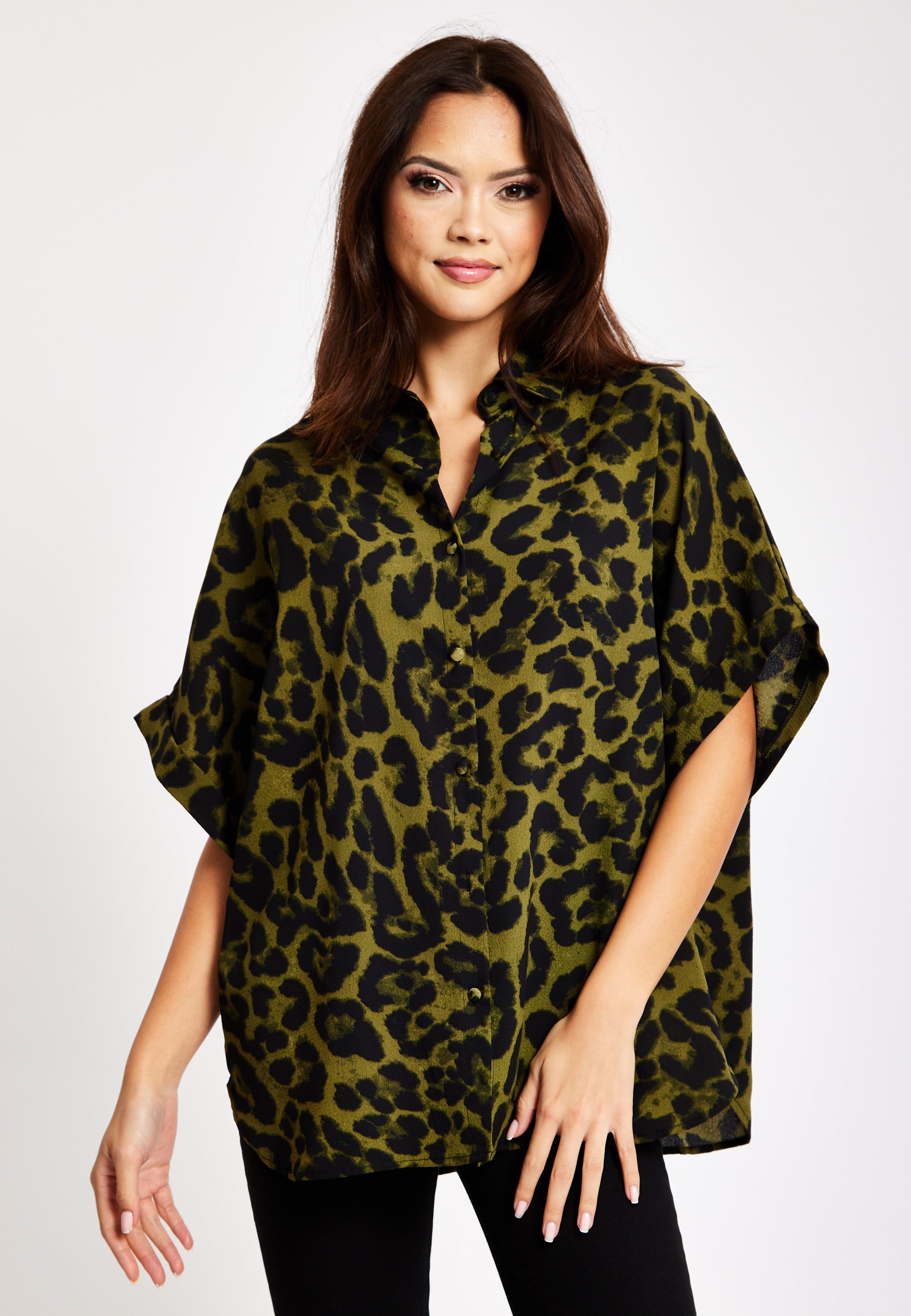 Women's Khaki Animal Print Shirt with Short Sleeves, Button-Up Front, Regular Fit, Shirt Collar