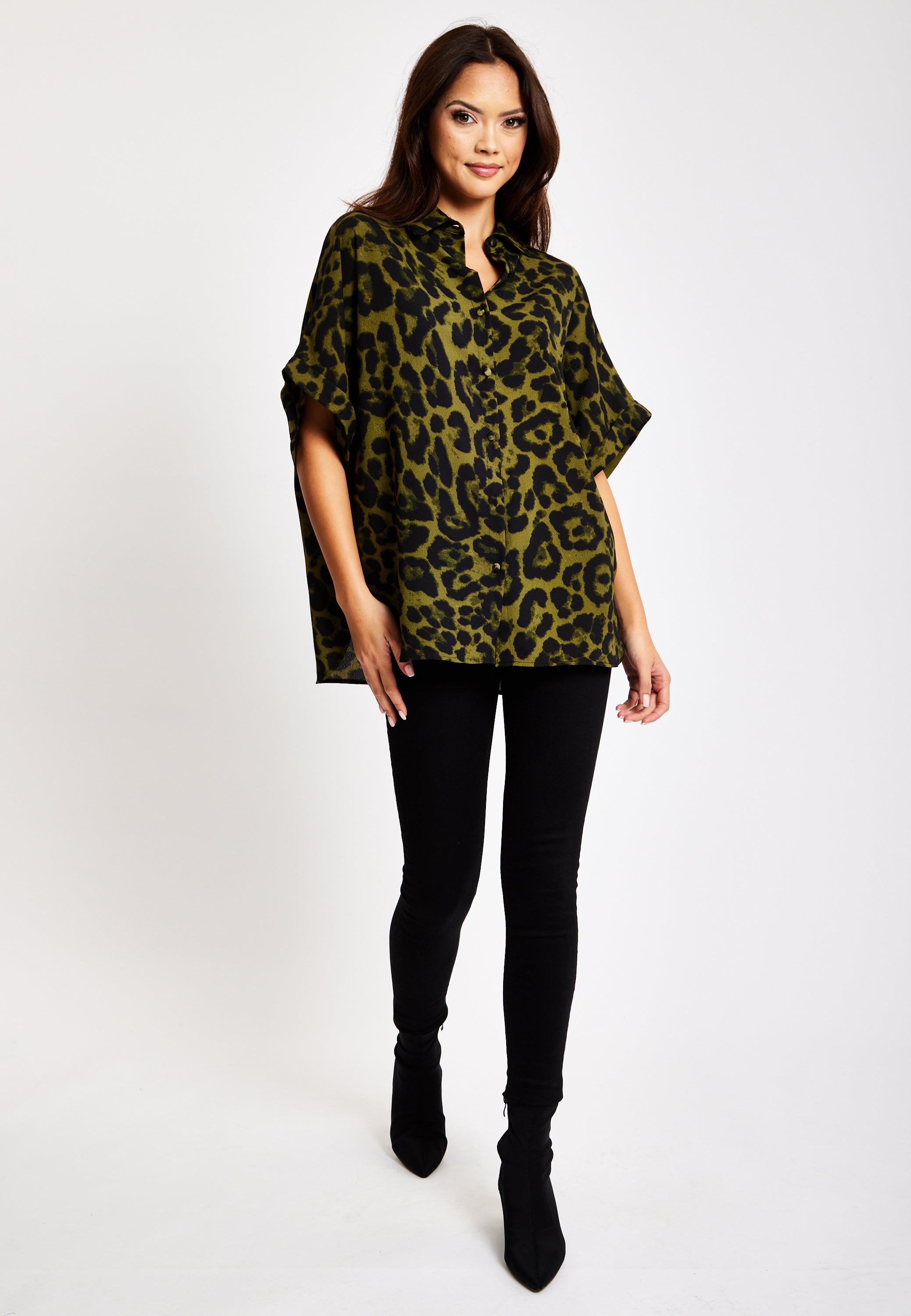 Women's Khaki Animal Print Shirt with Short Sleeves, Button-Up Front, Regular Fit, Shirt Collar
