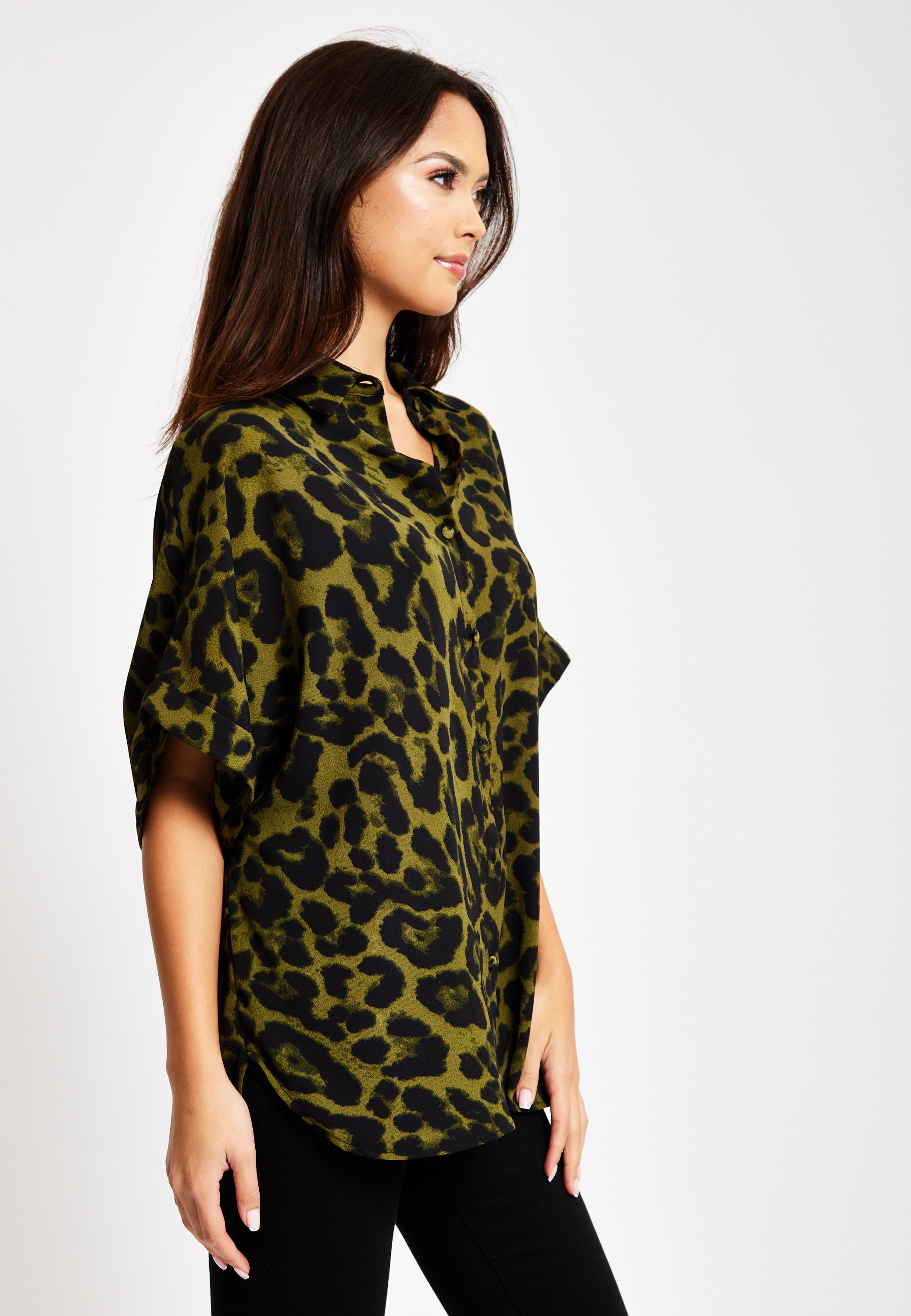 Women's Khaki Animal Print Shirt with Short Sleeves, Button-Up Front, Regular Fit, Shirt Collar