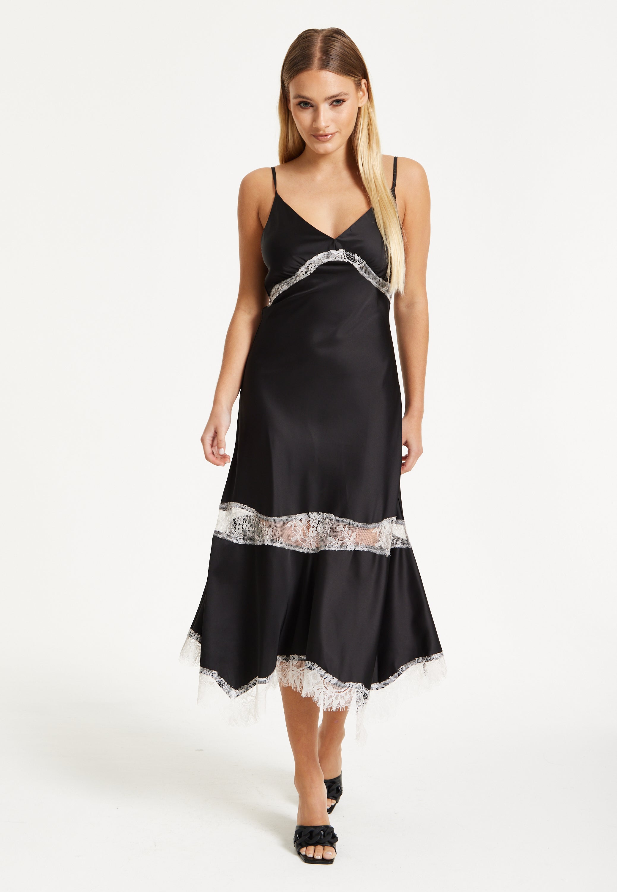 Liquorish Lace Trim Black Midi Dress