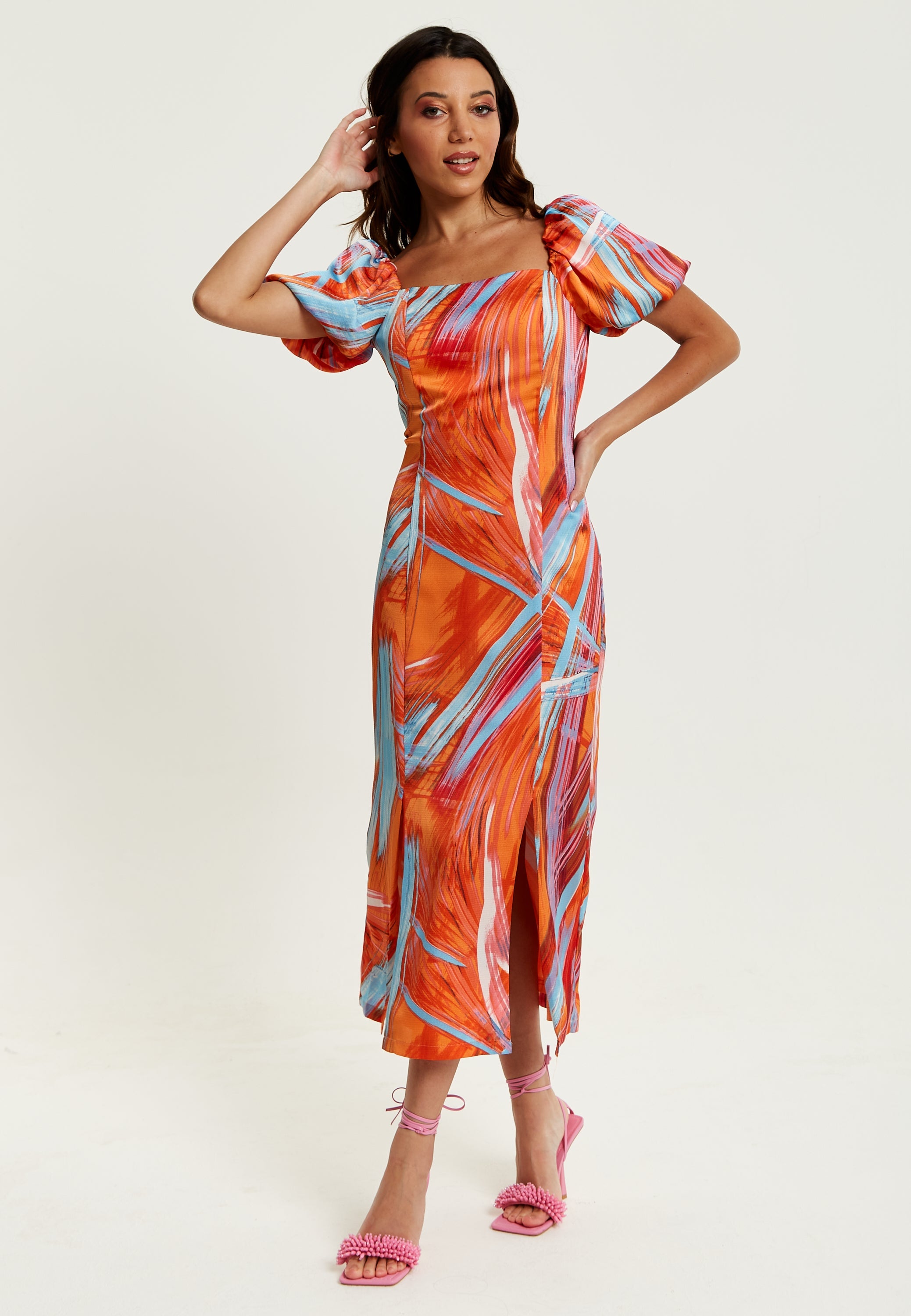 Women's Midi Dress in Orange with Puff Sleeves and Square Neck - Liquorish