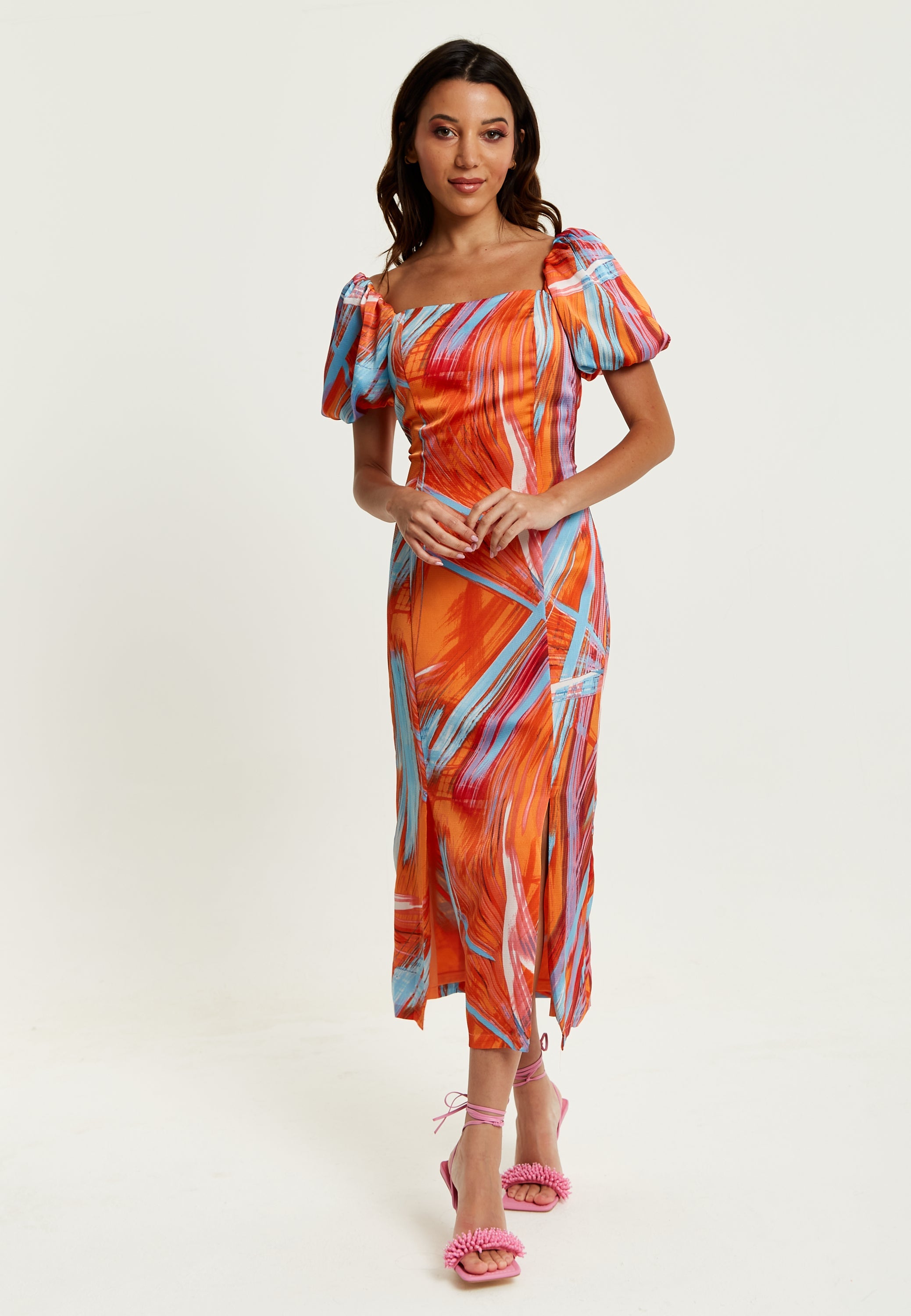 Women's Midi Dress in Orange with Puff Sleeves and Square Neck - Liquorish