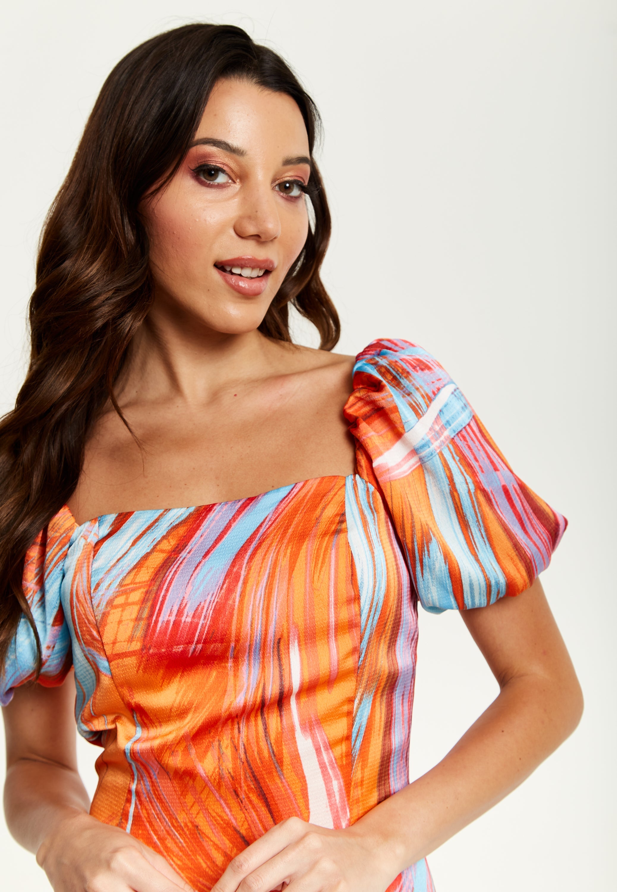 Women's Midi Dress in Orange with Puff Sleeves and Square Neck - Liquorish