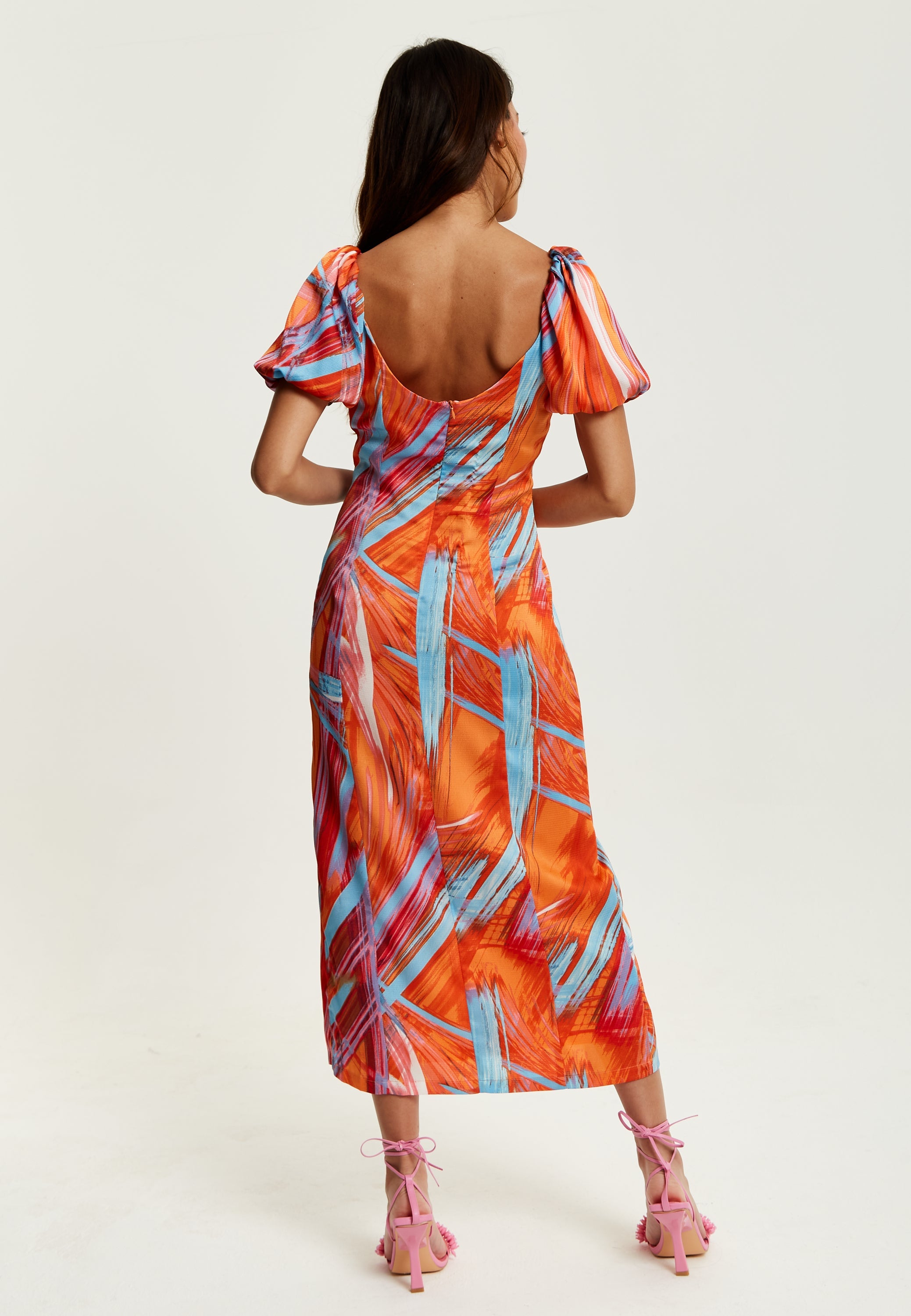 Women's Midi Dress in Orange with Puff Sleeves and Square Neck - Liquorish