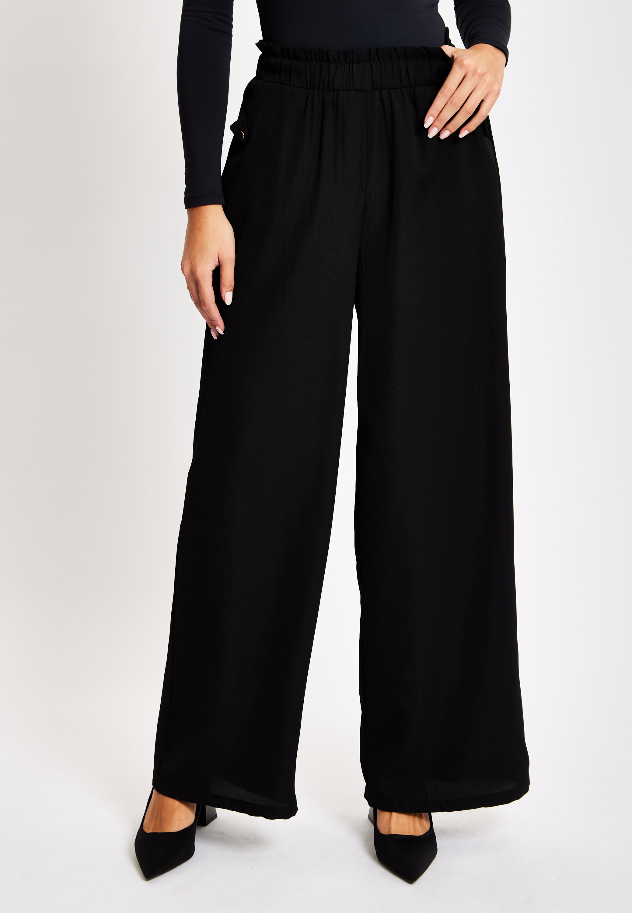 Women's Trousers - High Waist Black Wide Leg with Front Pockets, Elasticated Waist, Regular Fit - Liquorish