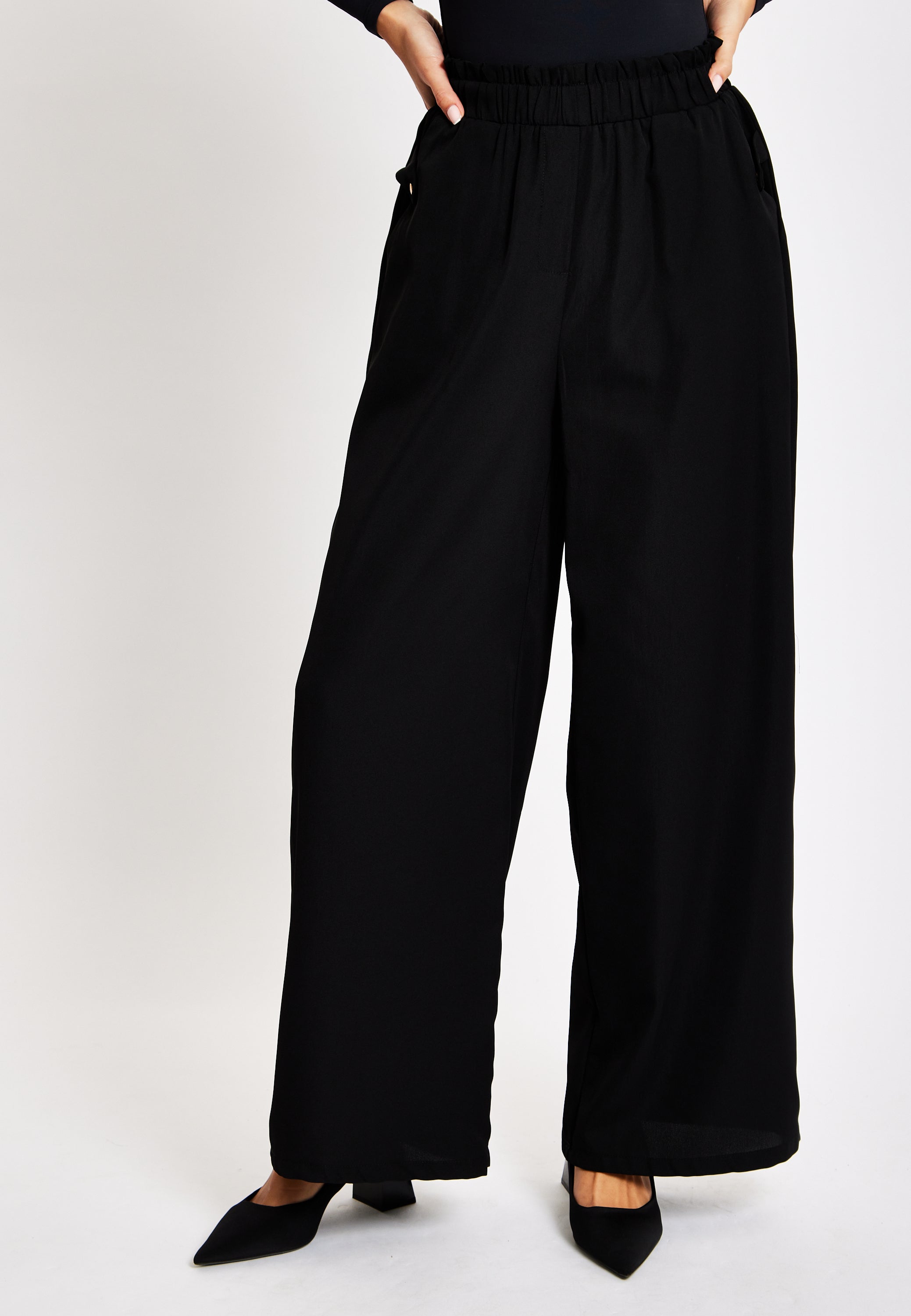 Women's Trousers - High Waist Black Wide Leg with Front Pockets, Elasticated Waist, Regular Fit - Liquorish