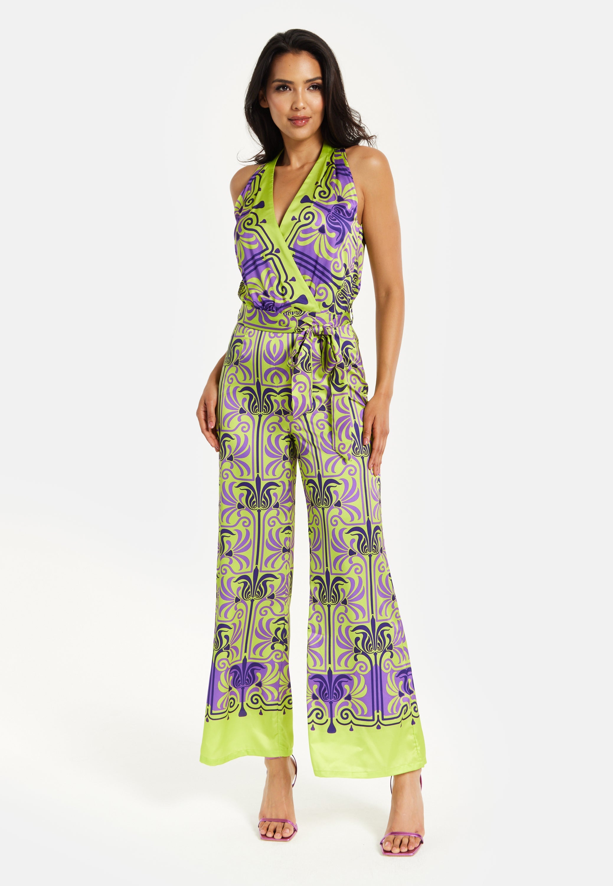 Women's Jumpsuit with V Neck, Wide Palazzo Legs, Elasticated Waist, Regular Fit, Printed Design - Liquorish