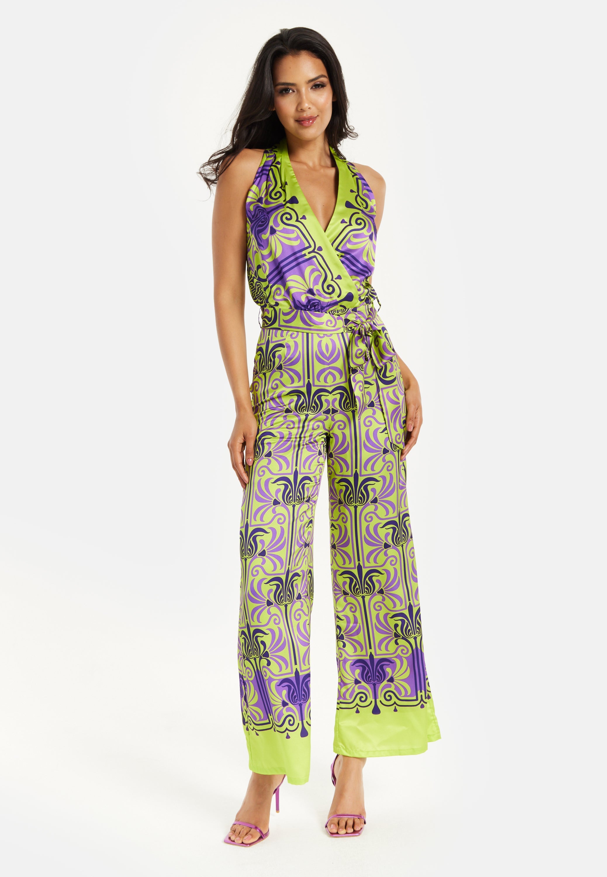 Women's Jumpsuit with V Neck, Wide Palazzo Legs, Elasticated Waist, Regular Fit, Printed Design - Liquorish