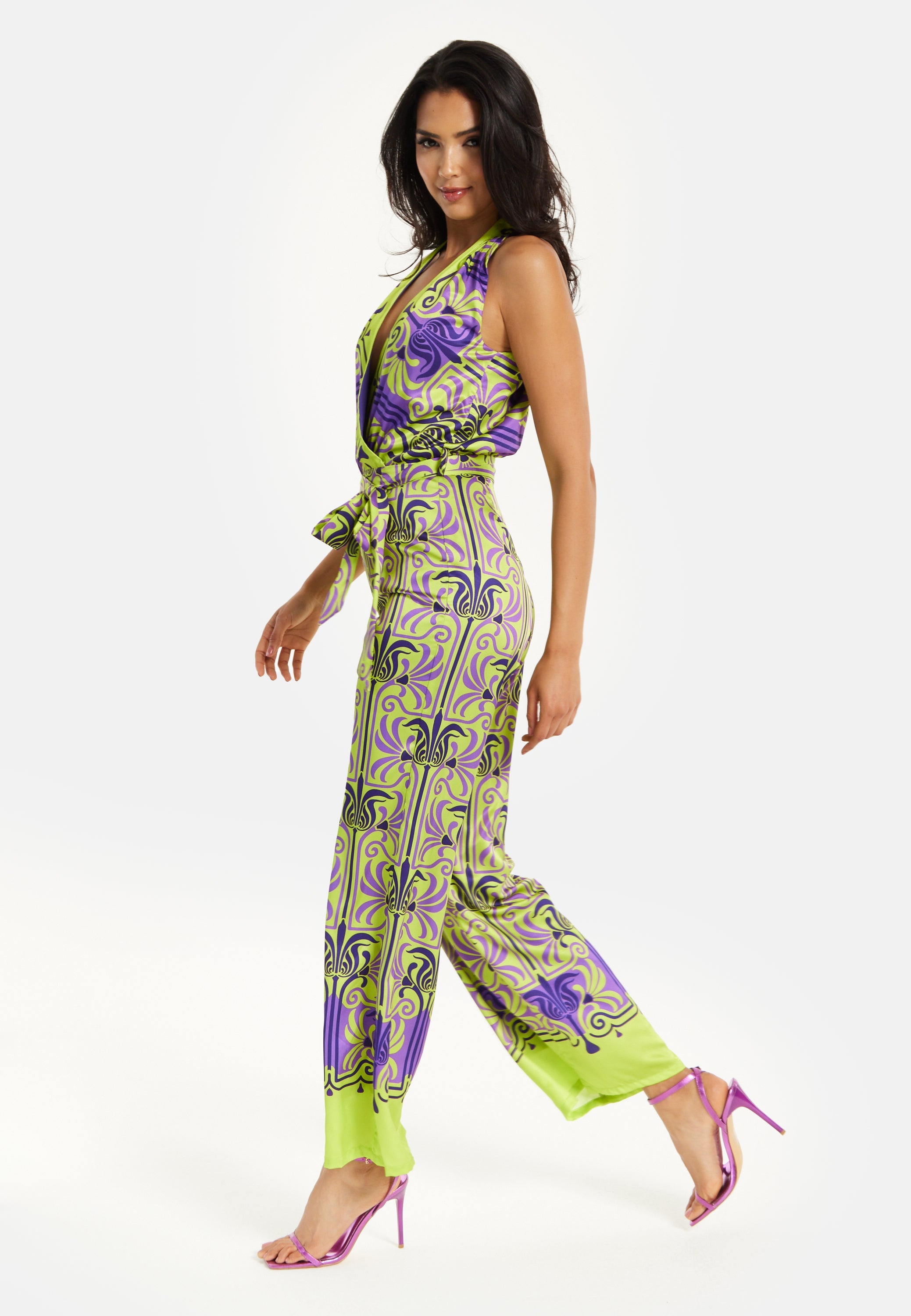 Women's Jumpsuit with V Neck, Wide Palazzo Legs, Elasticated Waist, Regular Fit, Printed Design - Liquorish