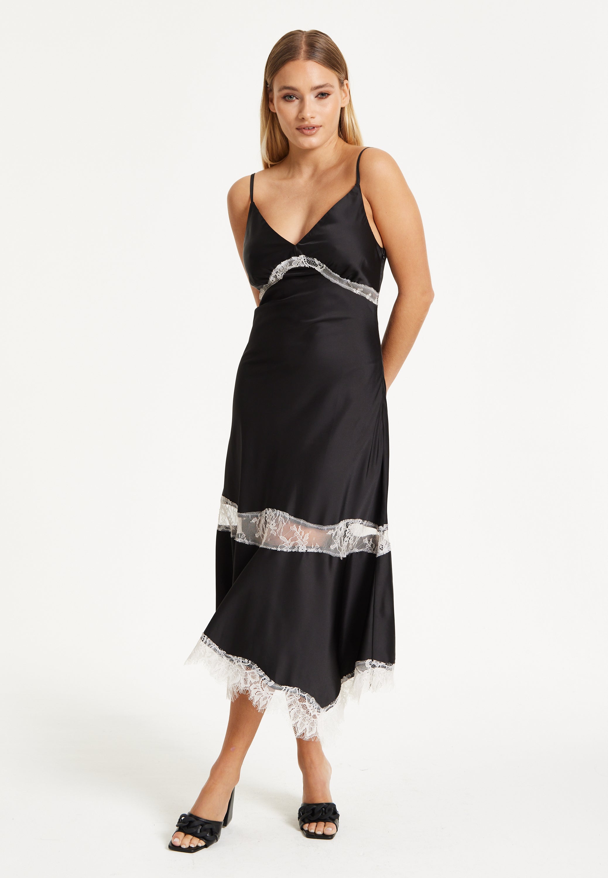 Liquorish Lace Trim Black Midi Dress