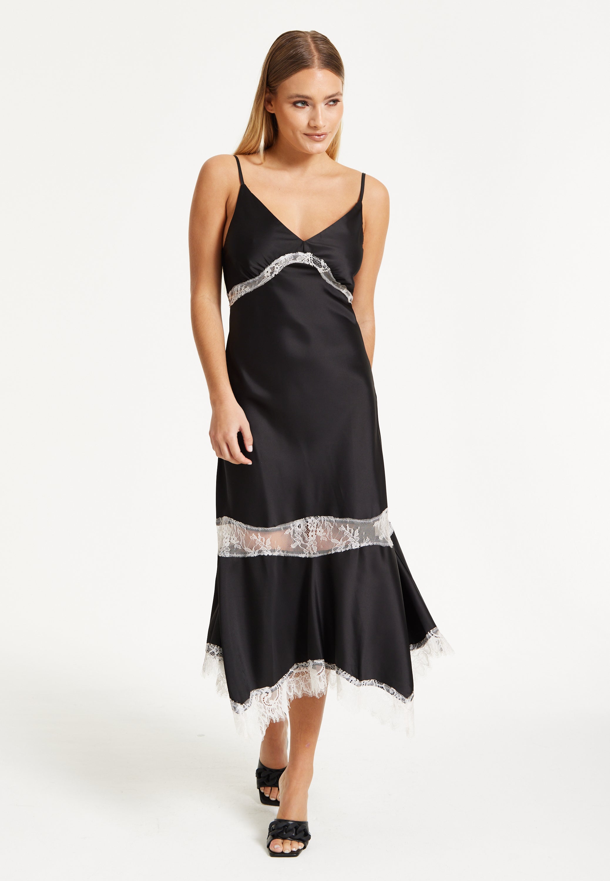 Liquorish Lace Trim Black Midi Dress