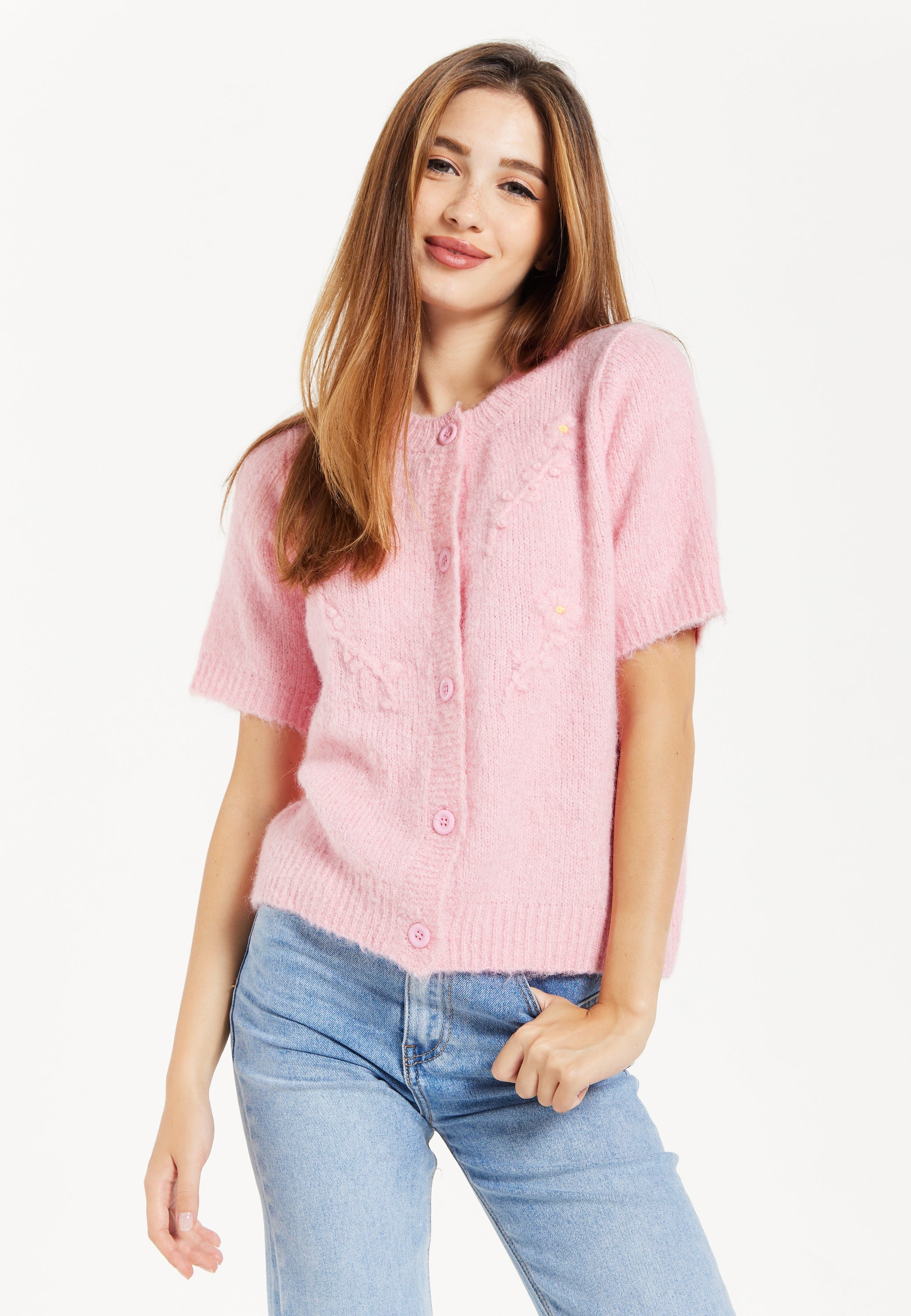 Women's Cardigan Pink Floral Short Sleeve Knitted with Button-Down Front, Chic Comfort by Liquorish