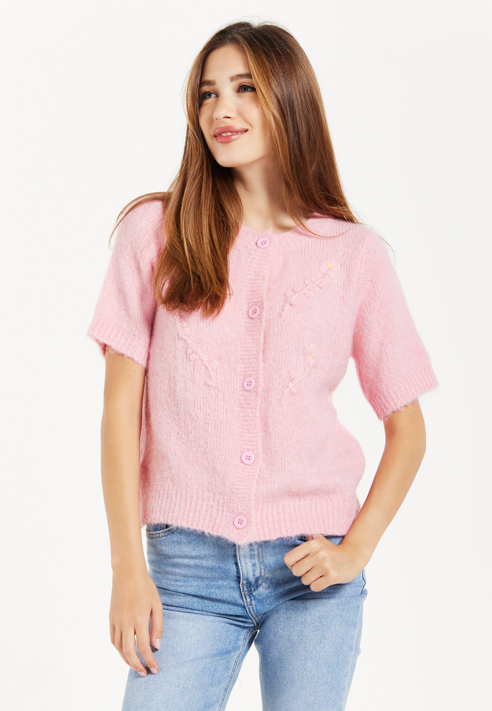 Women's Cardigan Pink Floral Short Sleeve Knitted with Button-Down Front, Chic Comfort by Liquorish