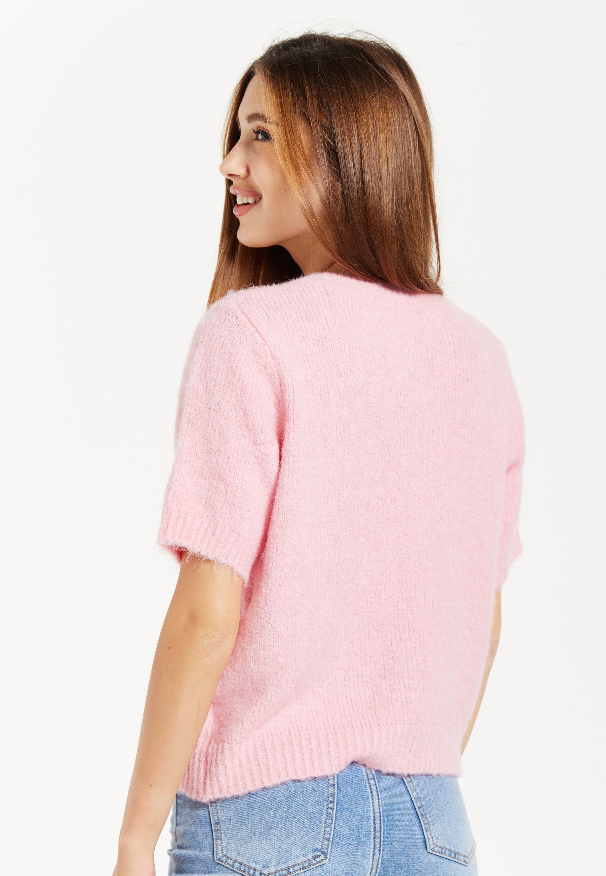 Women's Cardigan Pink Floral Short Sleeve Knitted with Button-Down Front, Chic Comfort by Liquorish