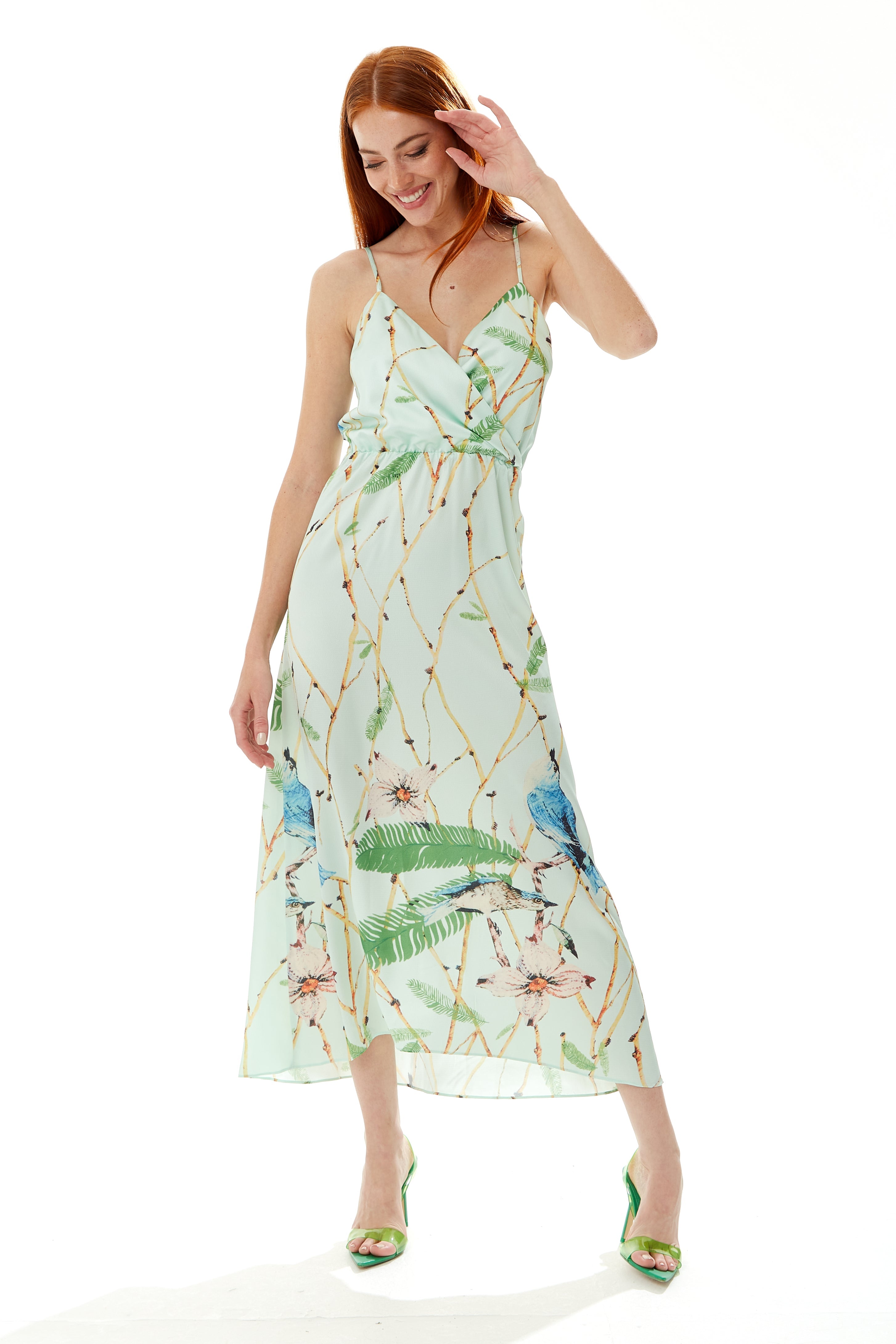 Women's Maxi Dress with Cami Style, V Neckline, Tie Waist, and Bird Print in Mint Green - Liquorish
