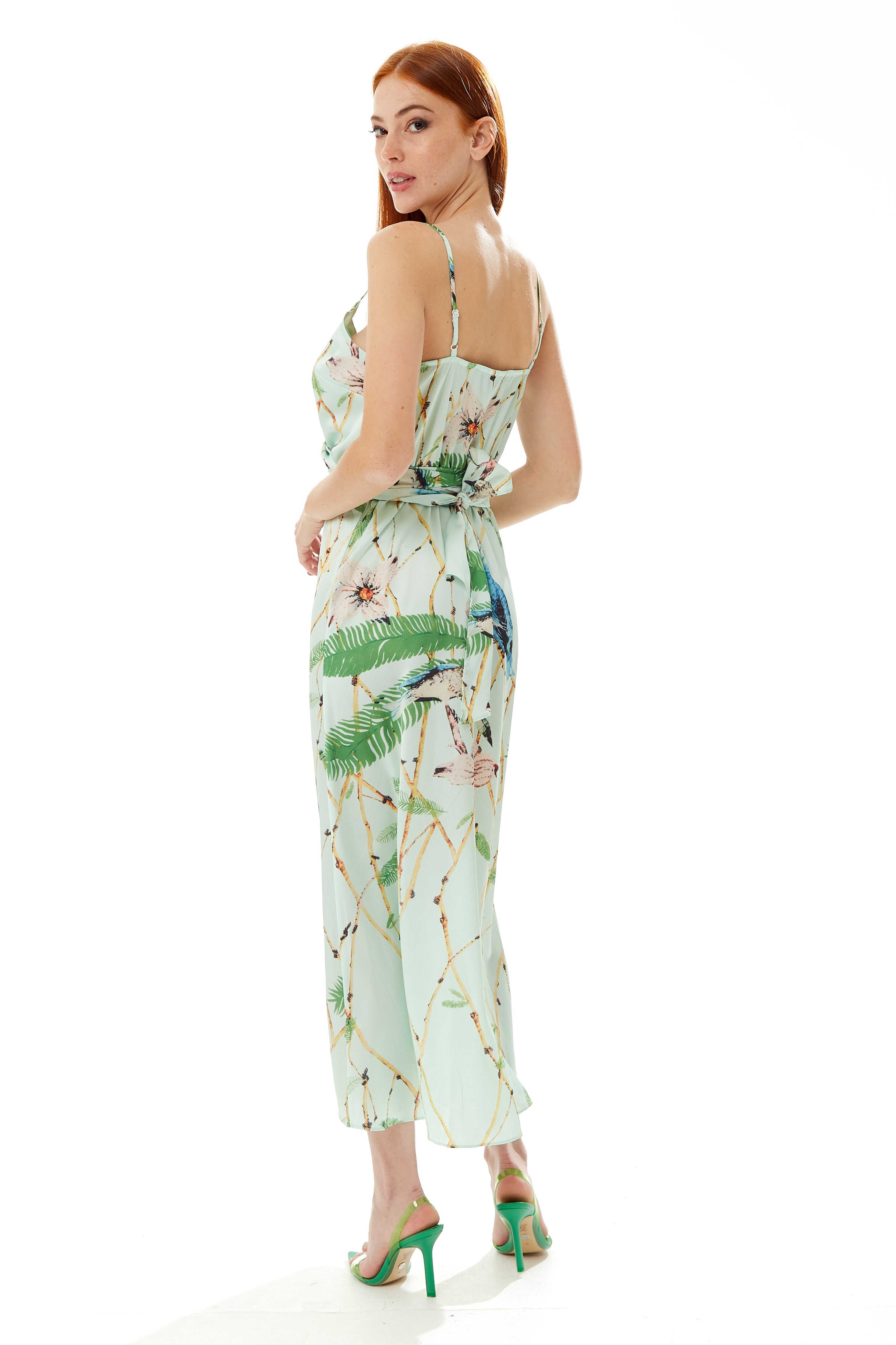 Women's Maxi Dress with Cami Style, V Neckline, Tie Waist, and Bird Print in Mint Green - Liquorish