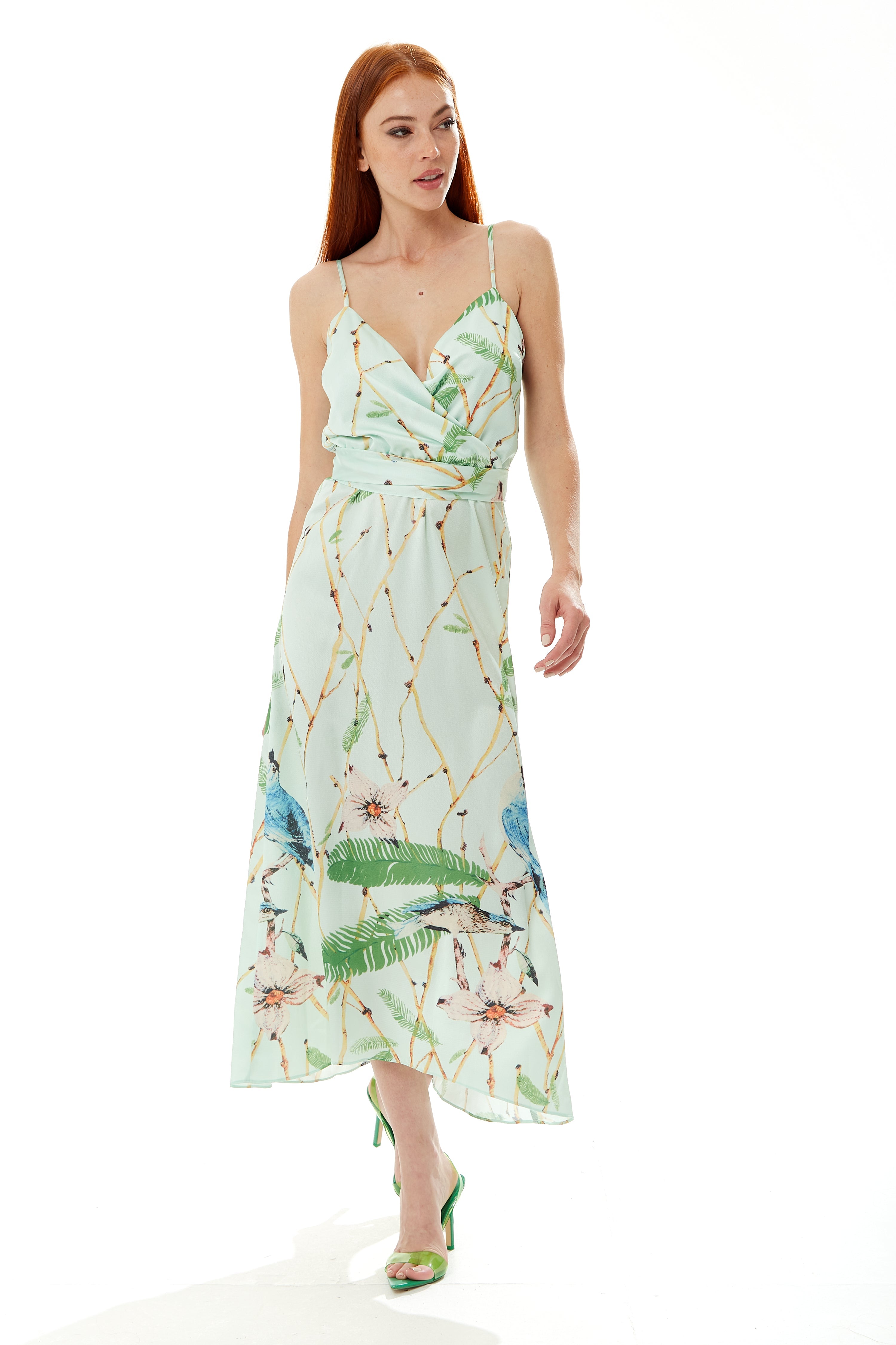 Women's Maxi Dress with Cami Style, V Neckline, Tie Waist, and Bird Print in Mint Green - Liquorish