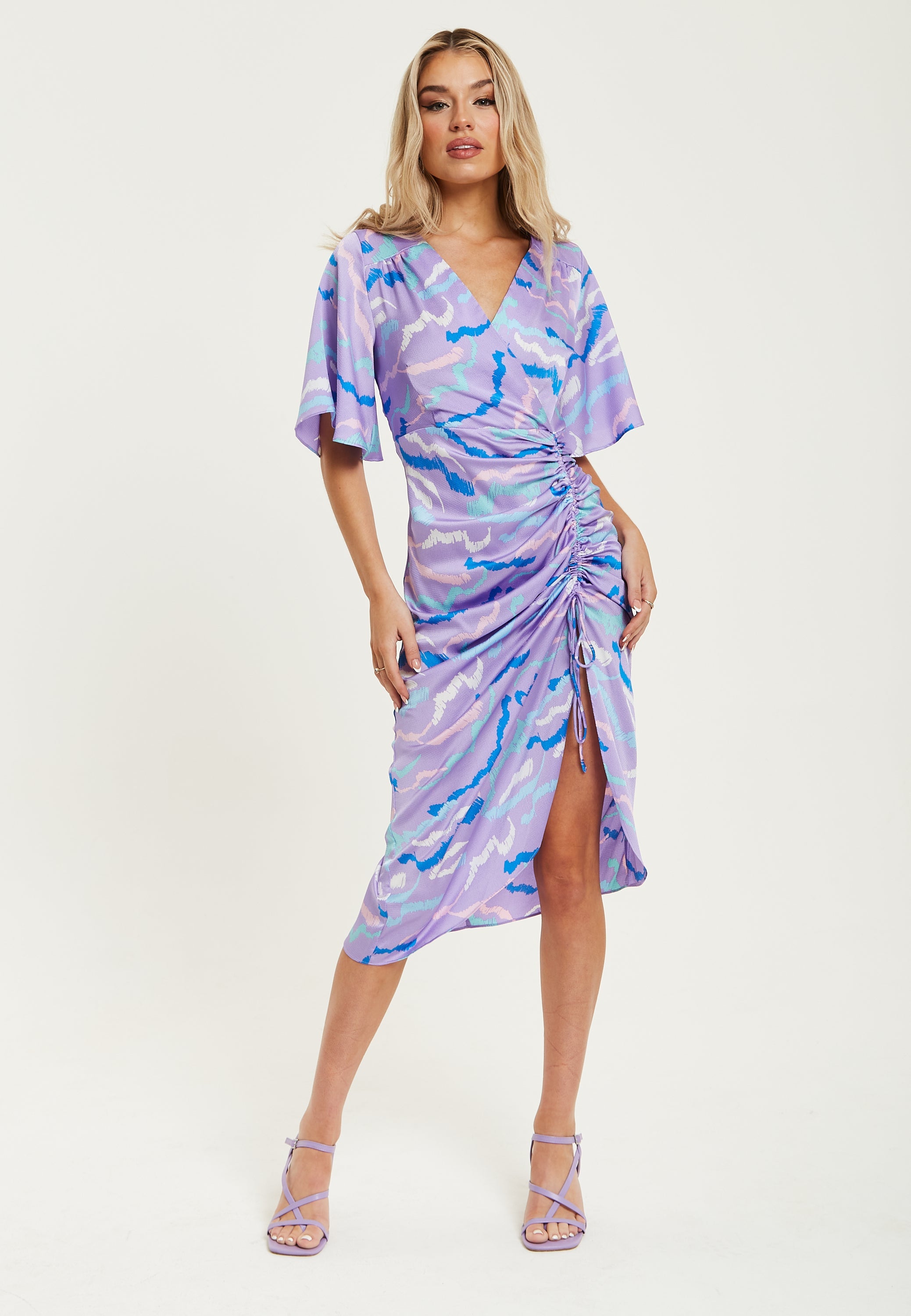 Women's Midi Dress with V Neck and Kimono Sleeves in Lilac Abstract Zebra Print, Perfect for Weddings - Liquorish