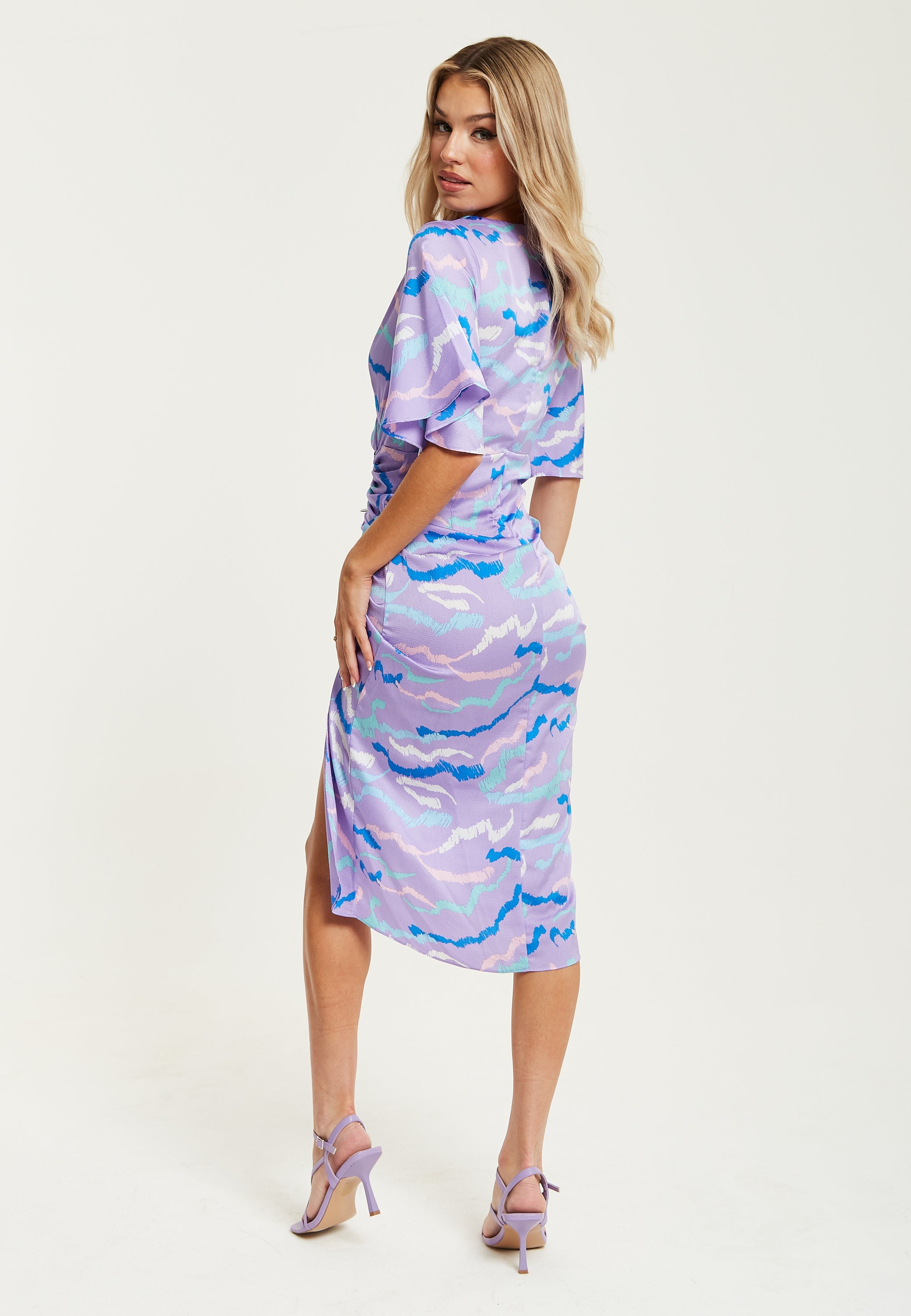 Women's Midi Dress with V Neck and Kimono Sleeves in Lilac Abstract Zebra Print, Perfect for Weddings - Liquorish