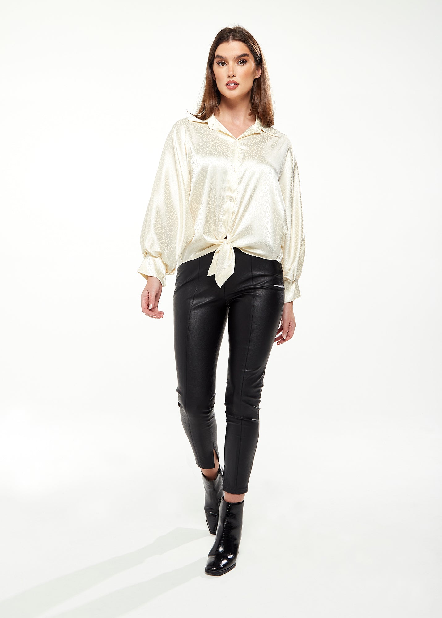 Women's Divine Grace Leopard Jacquard Blouse with Front Waist Tie in Off White, Long Sleeves, Button Front, Collar