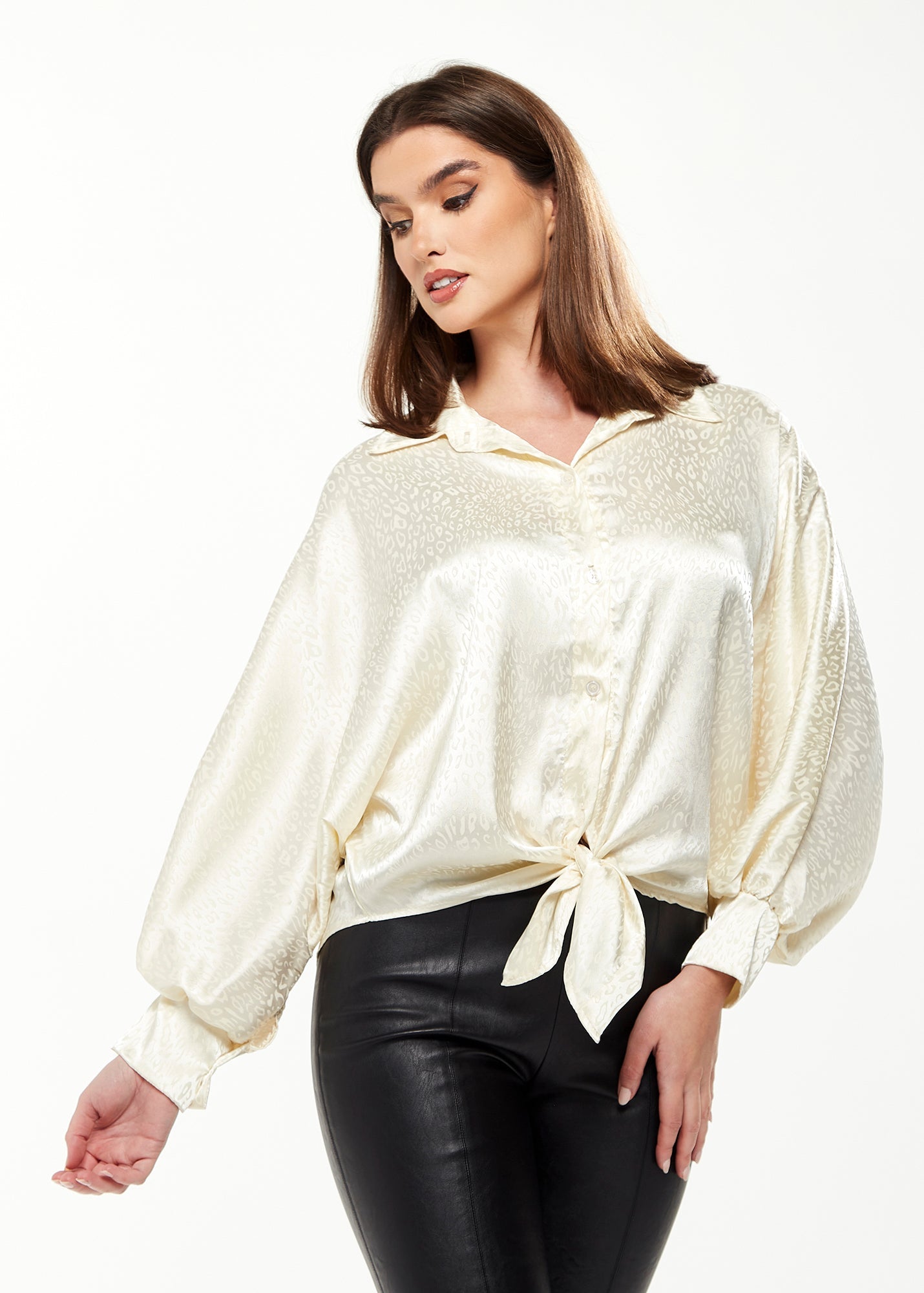 Women's Divine Grace Leopard Jacquard Blouse with Front Waist Tie in Off White, Long Sleeves, Button Front, Collar
