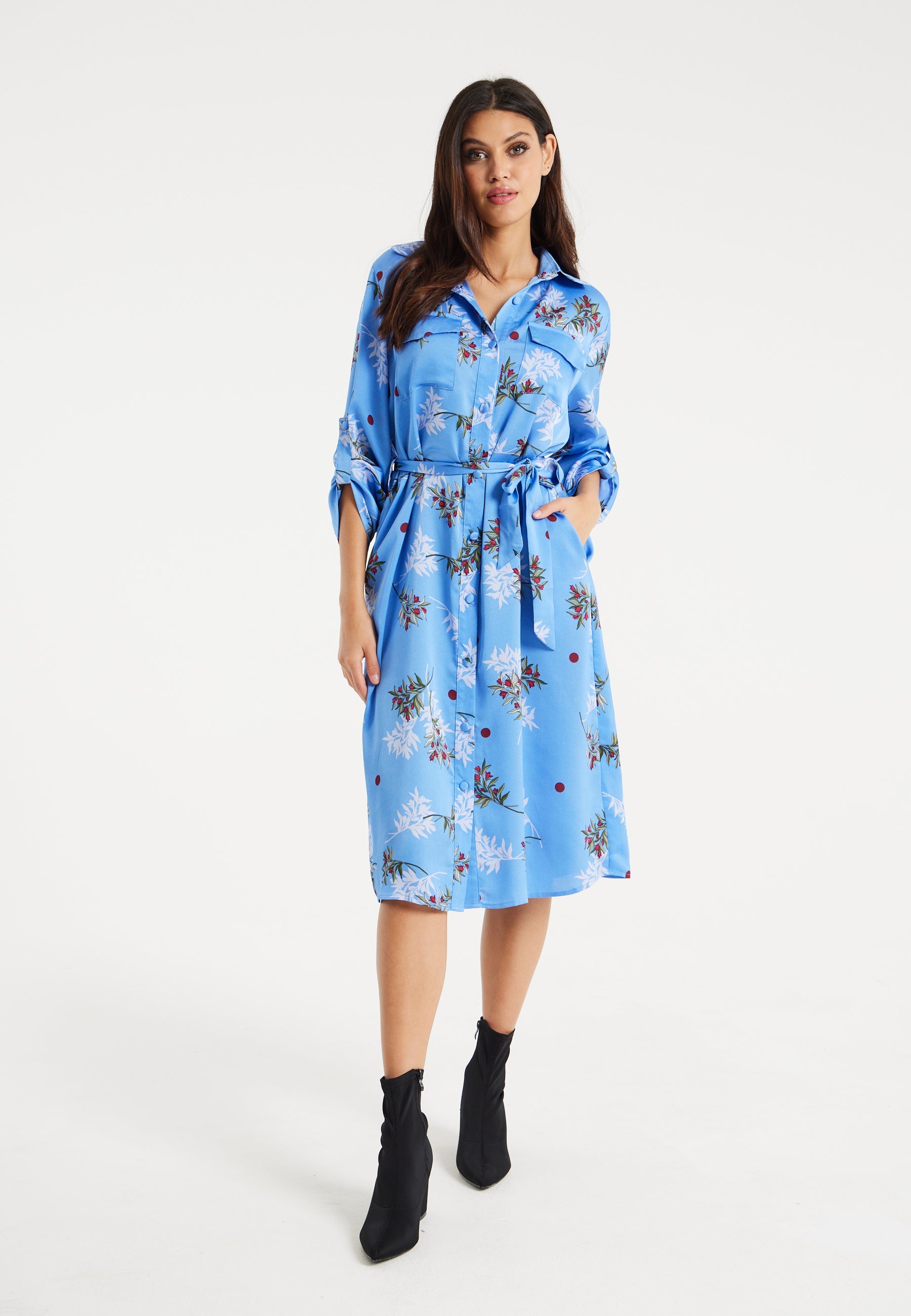 Women’s Midi Dress with Floral Print, Light Blue, Chic Shirt Design, Waist Tie Detail, Full-Length Sleeves