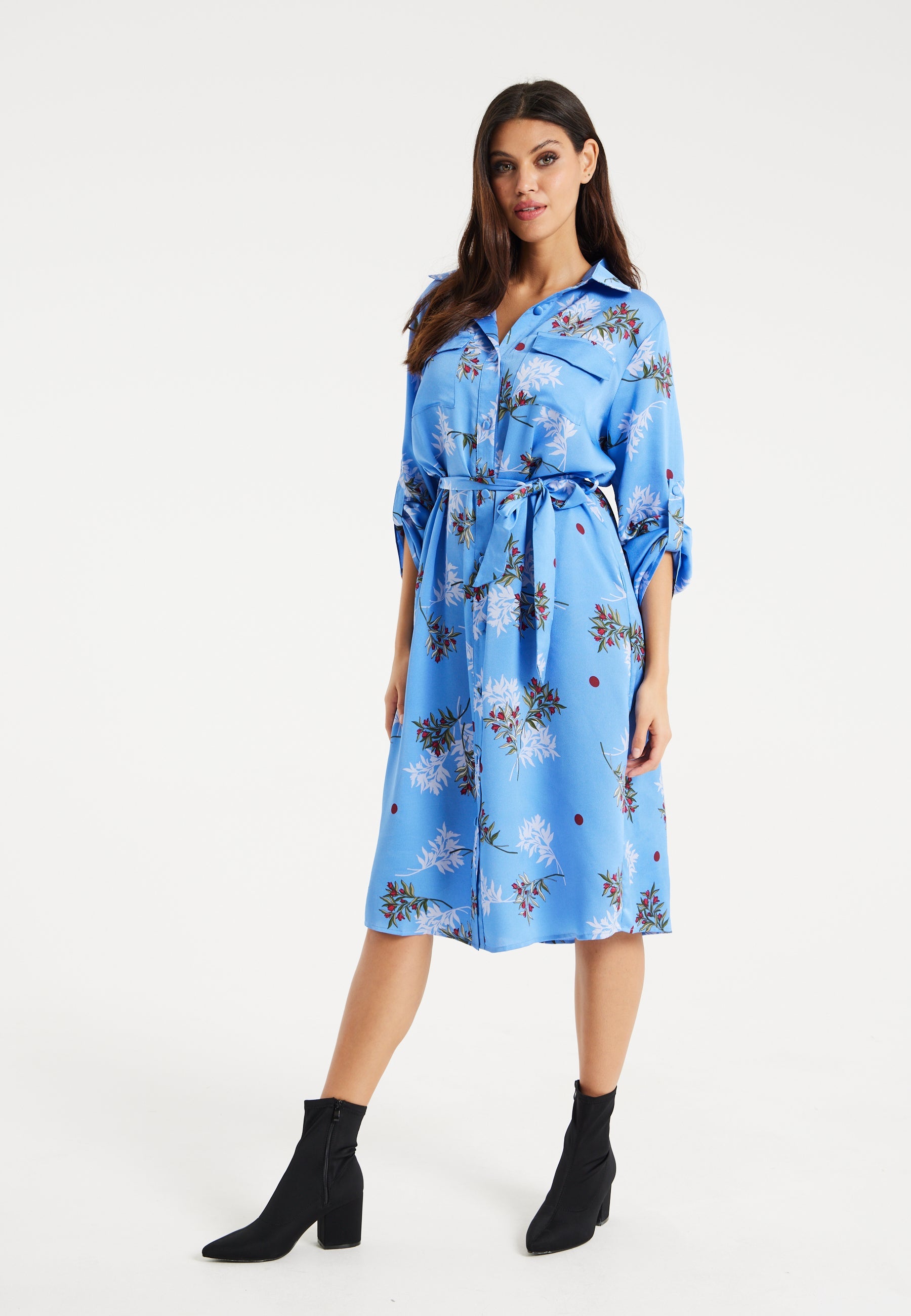 Women’s Midi Dress with Floral Print, Light Blue, Chic Shirt Design, Waist Tie Detail, Full-Length Sleeves