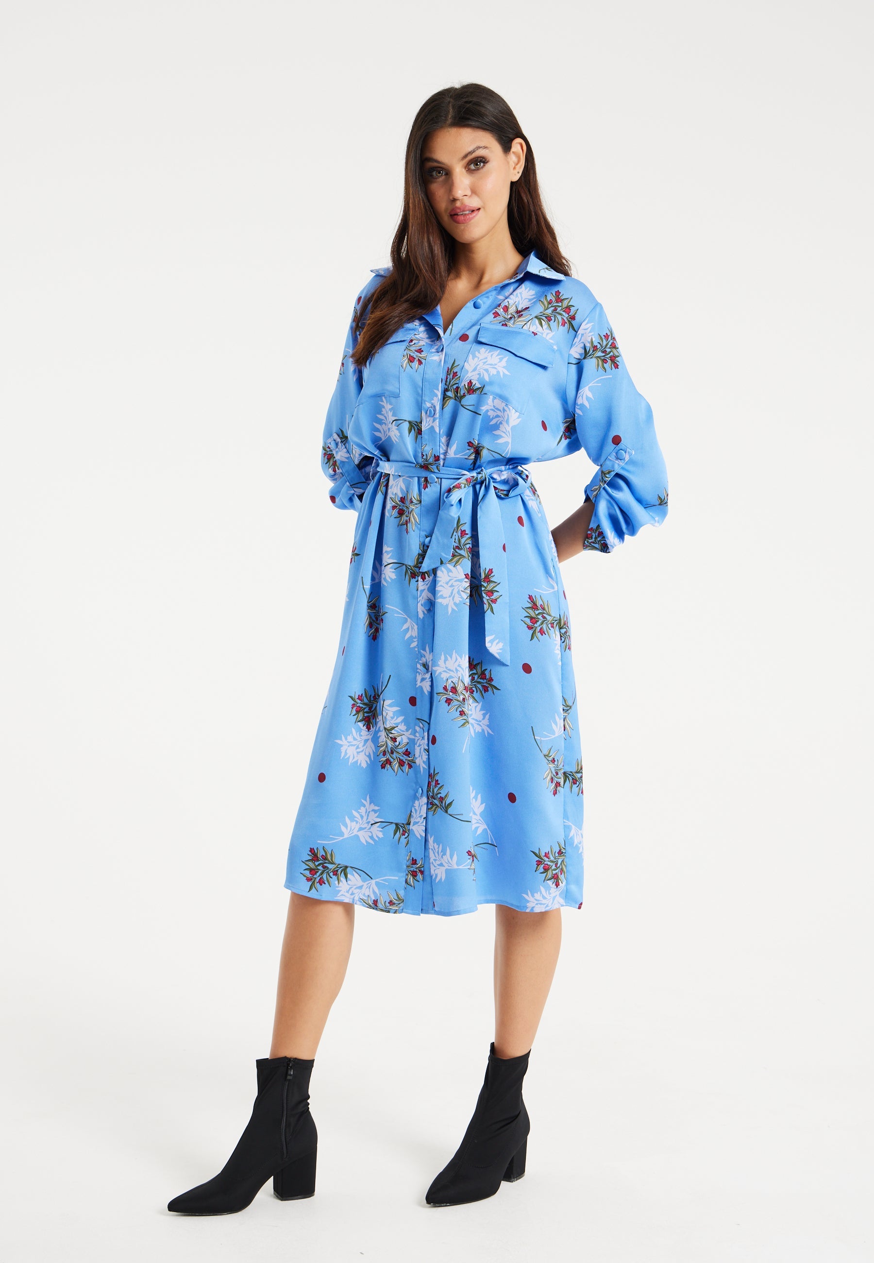 Women’s Midi Dress with Floral Print, Light Blue, Chic Shirt Design, Waist Tie Detail, Full-Length Sleeves
