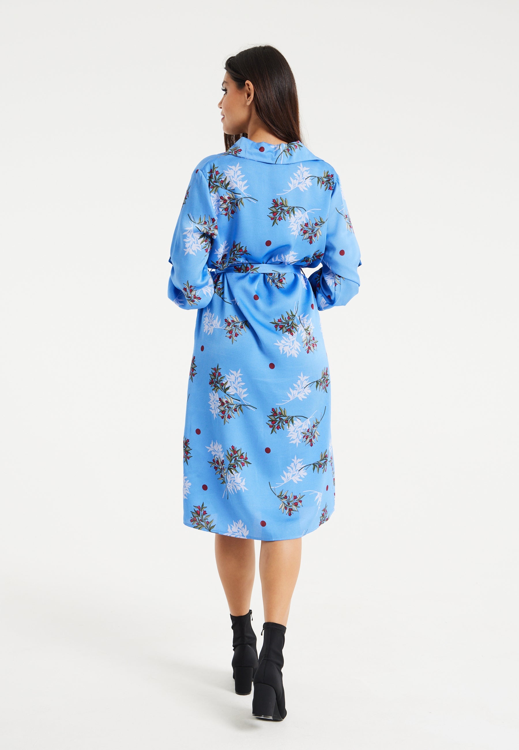 Women’s Midi Dress with Floral Print, Light Blue, Chic Shirt Design, Waist Tie Detail, Full-Length Sleeves