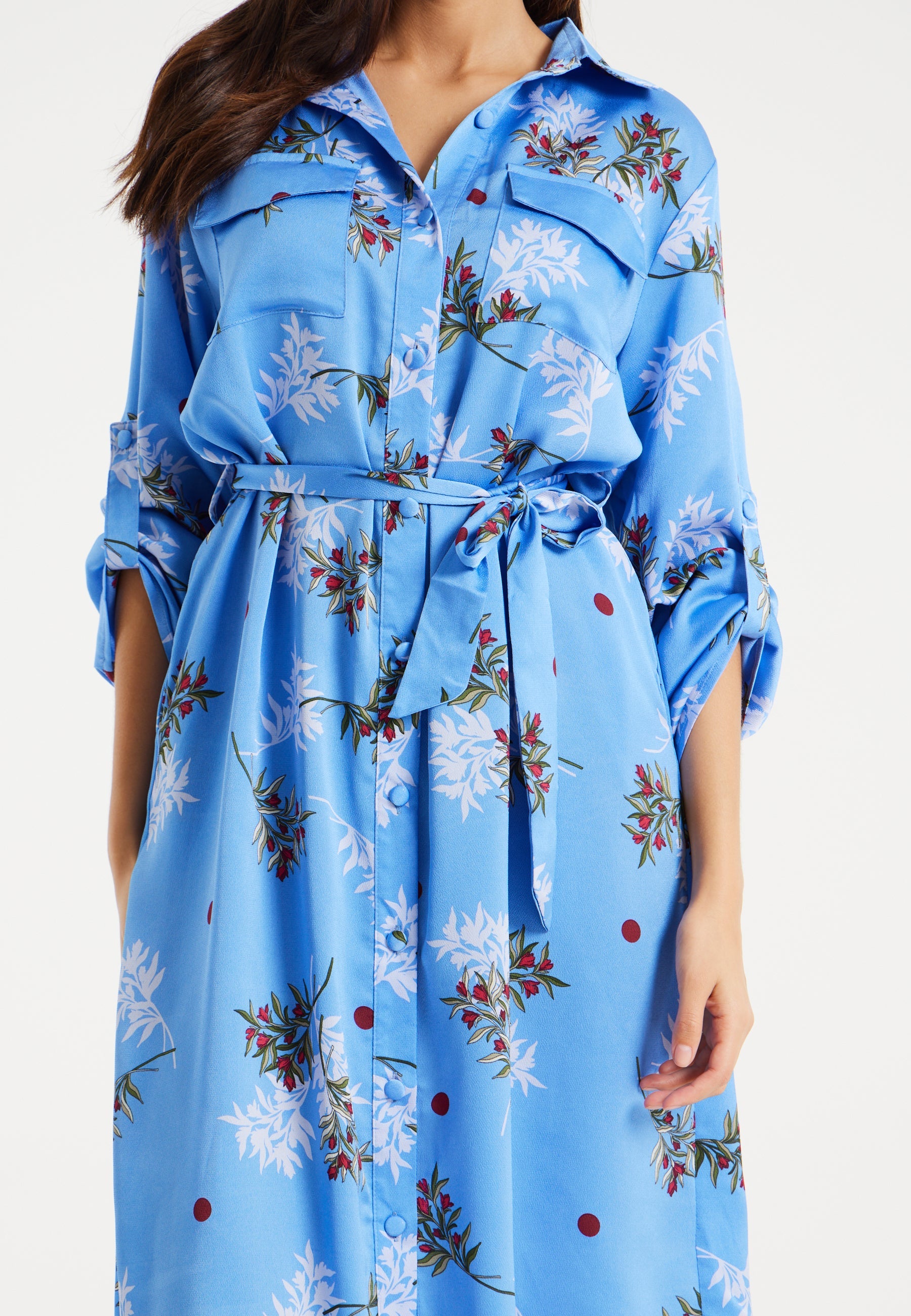 Women’s Midi Dress with Floral Print, Light Blue, Chic Shirt Design, Waist Tie Detail, Full-Length Sleeves