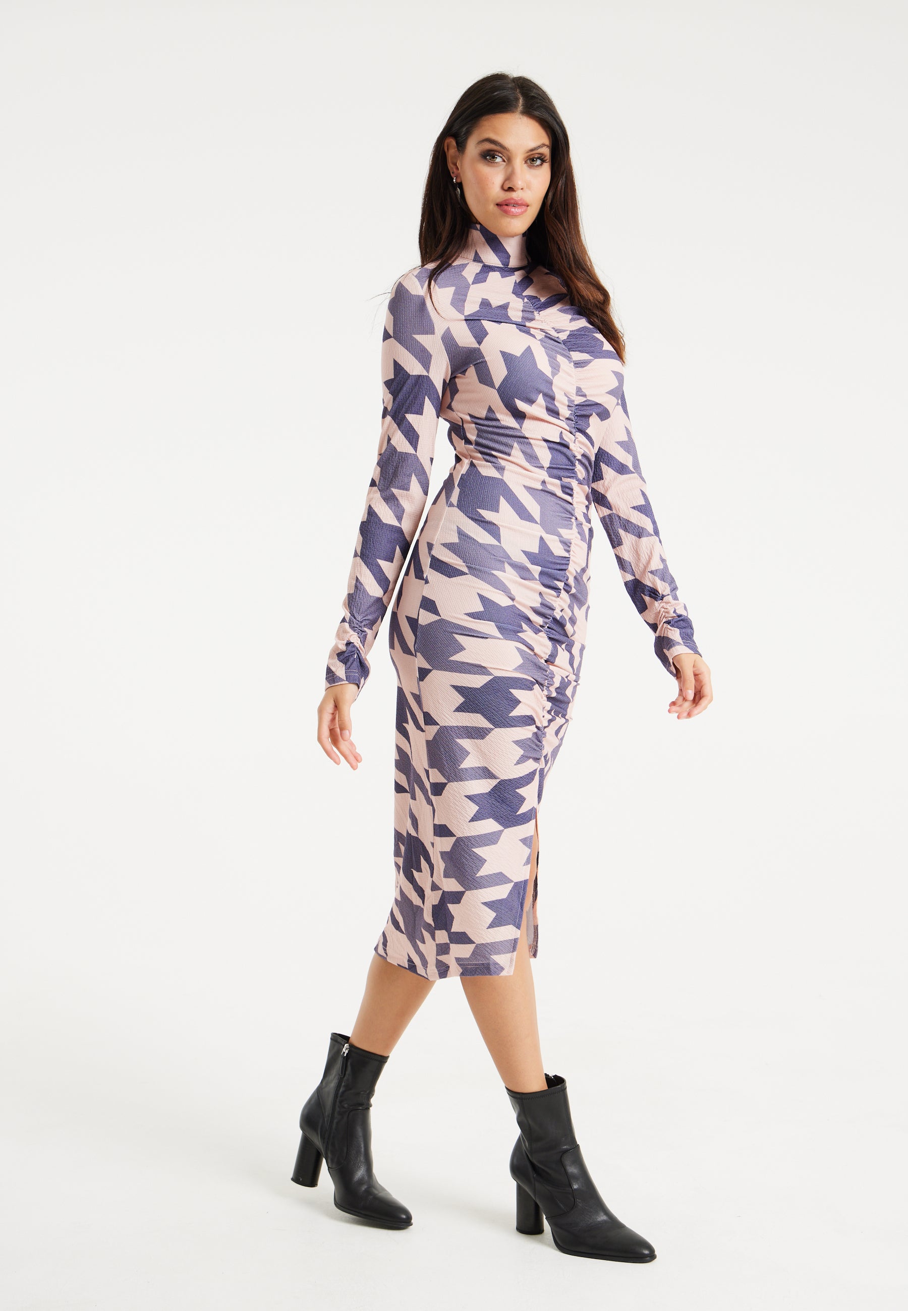 Women's Midi Dress in Houndstooth Print with High Neck, Long Sleeves & Ruching Detail - Liquorish