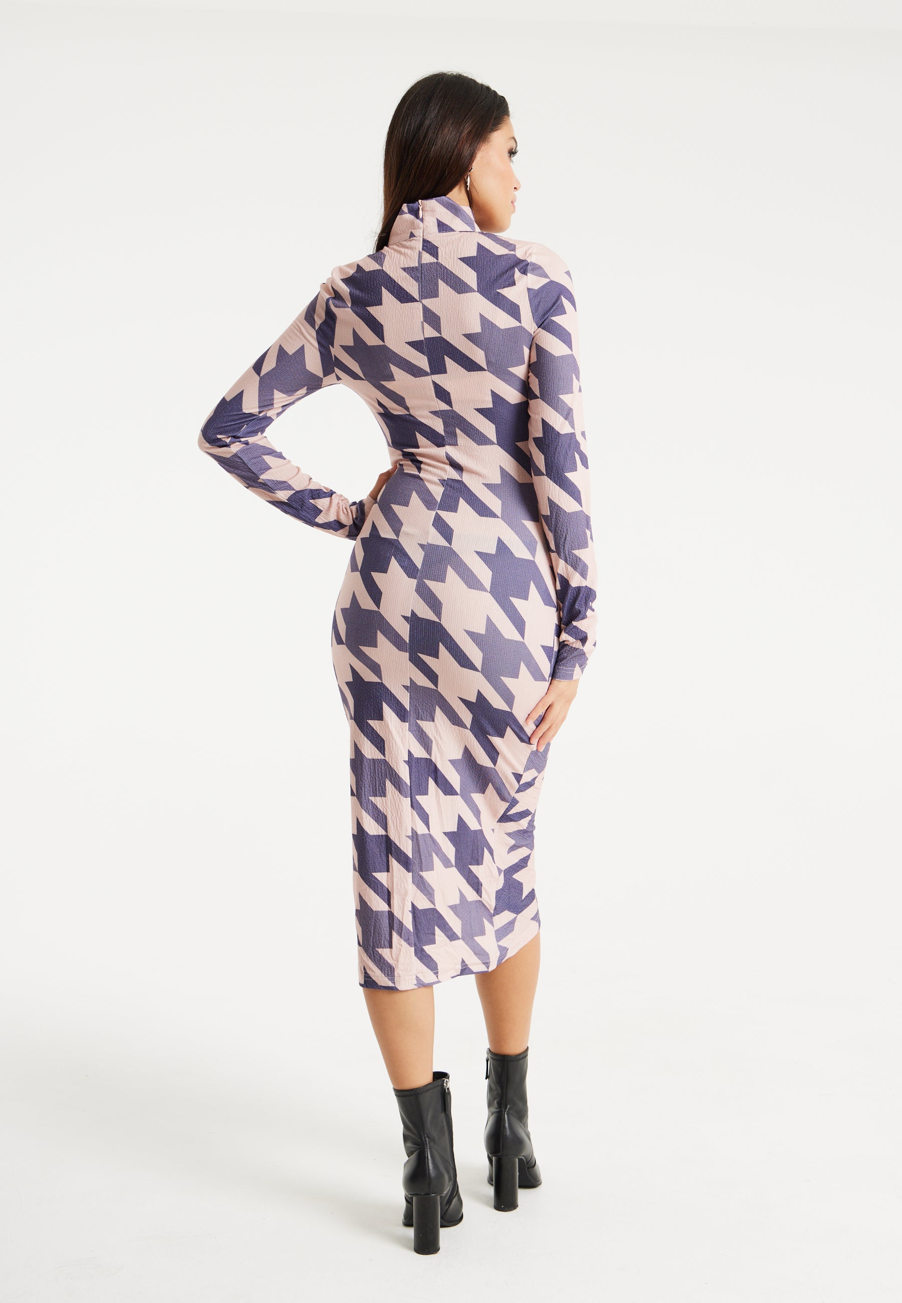 Women's Midi Dress in Houndstooth Print with High Neck, Long Sleeves & Ruching Detail - Liquorish