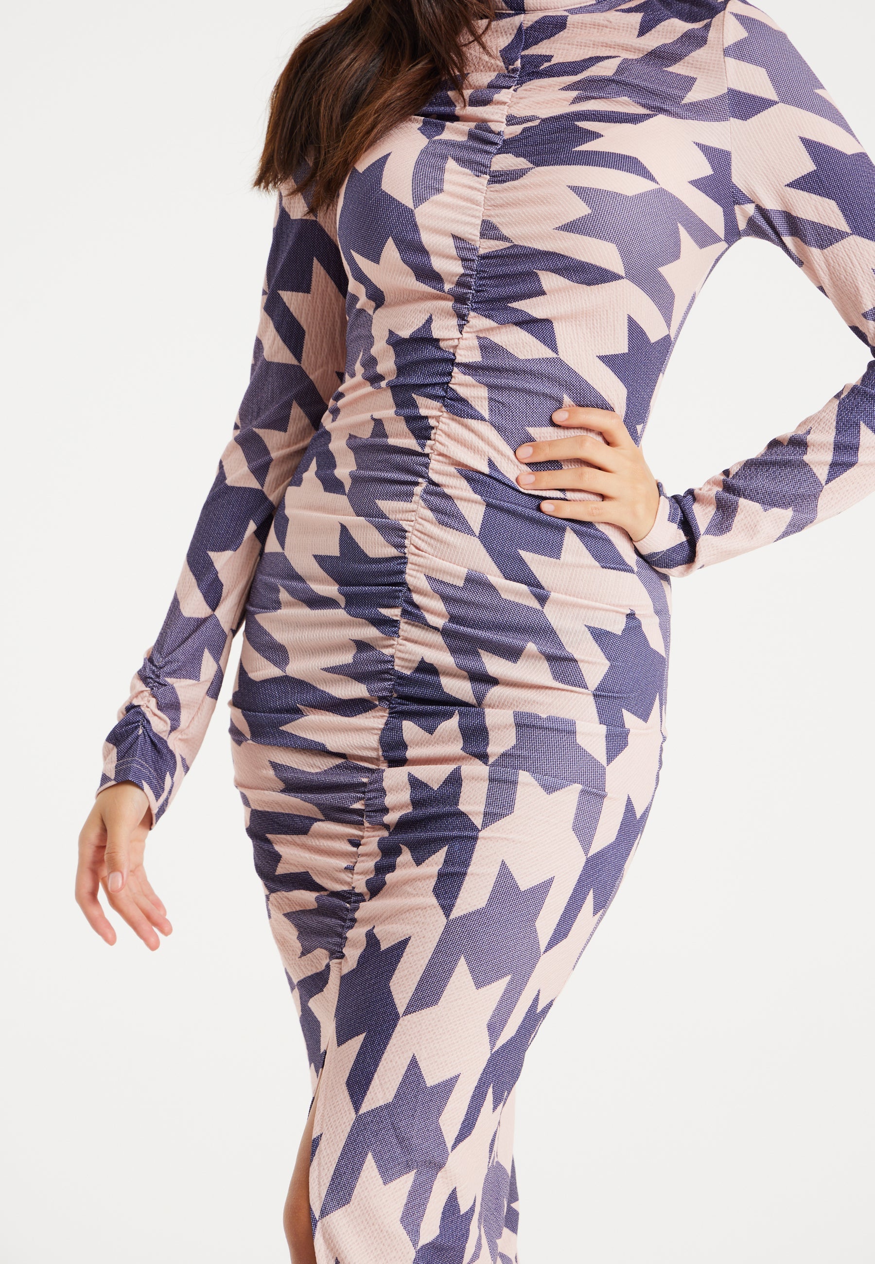 Women's Midi Dress in Houndstooth Print with High Neck, Long Sleeves & Ruching Detail - Liquorish
