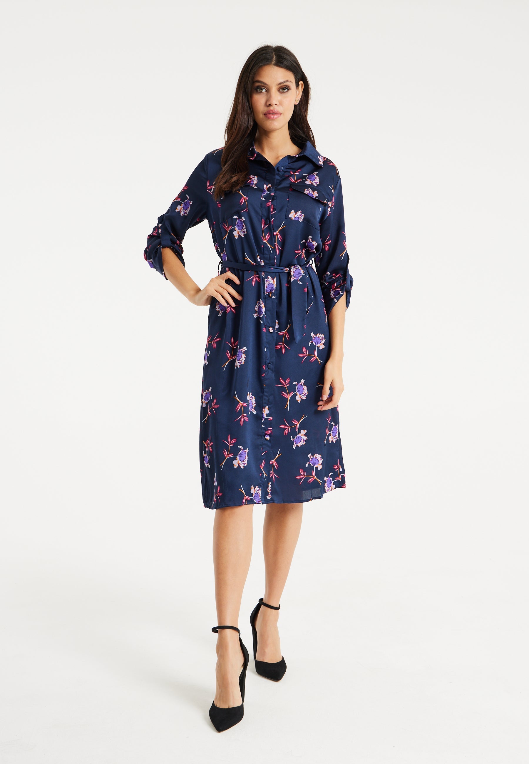 Women's Floral Print Navy Midi Shirt Dress with Long Sleeves and Unique Tie-Side Detail for Effortless Elegance
