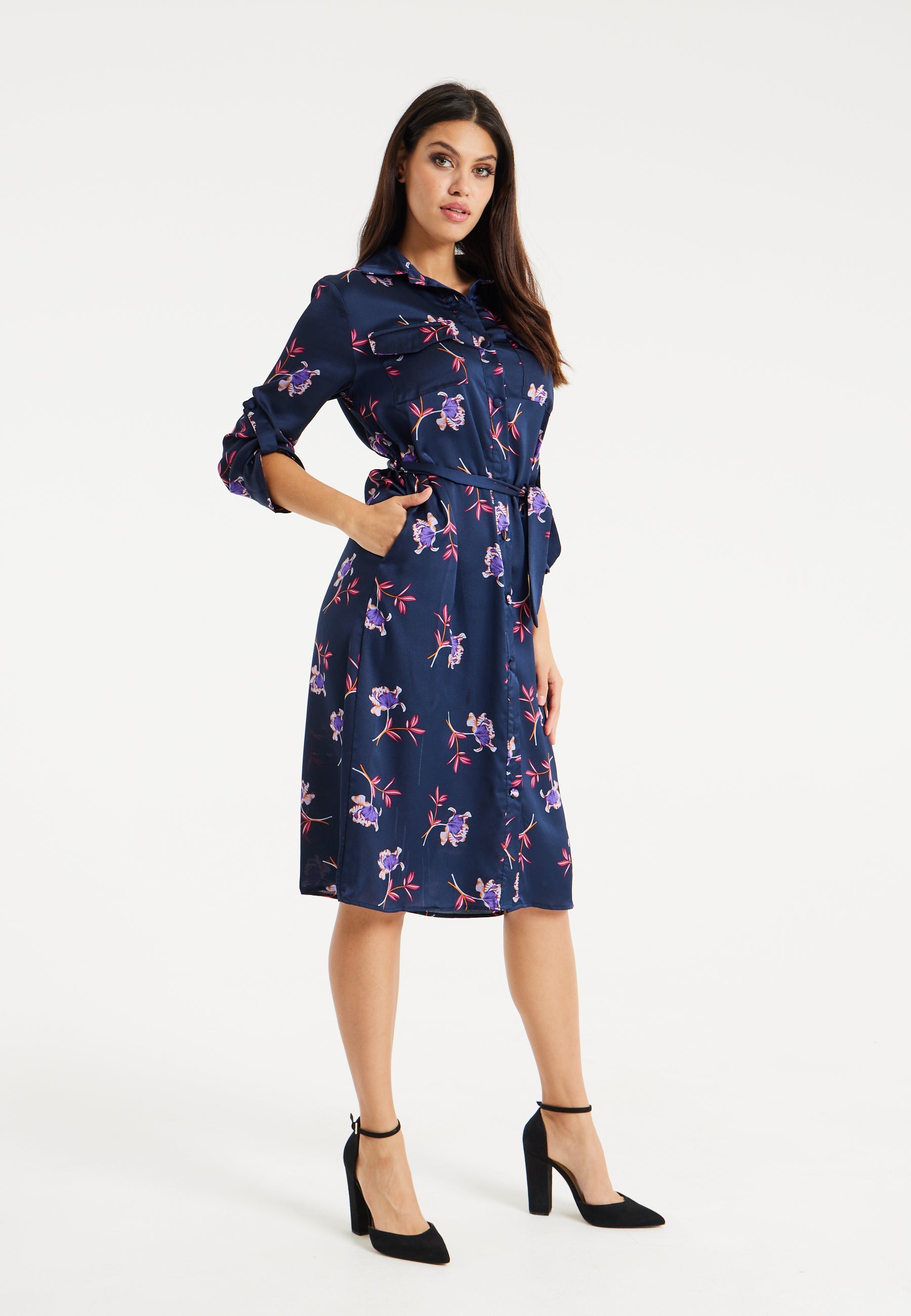 Women's Floral Print Navy Midi Shirt Dress with Long Sleeves and Unique Tie-Side Detail for Effortless Elegance