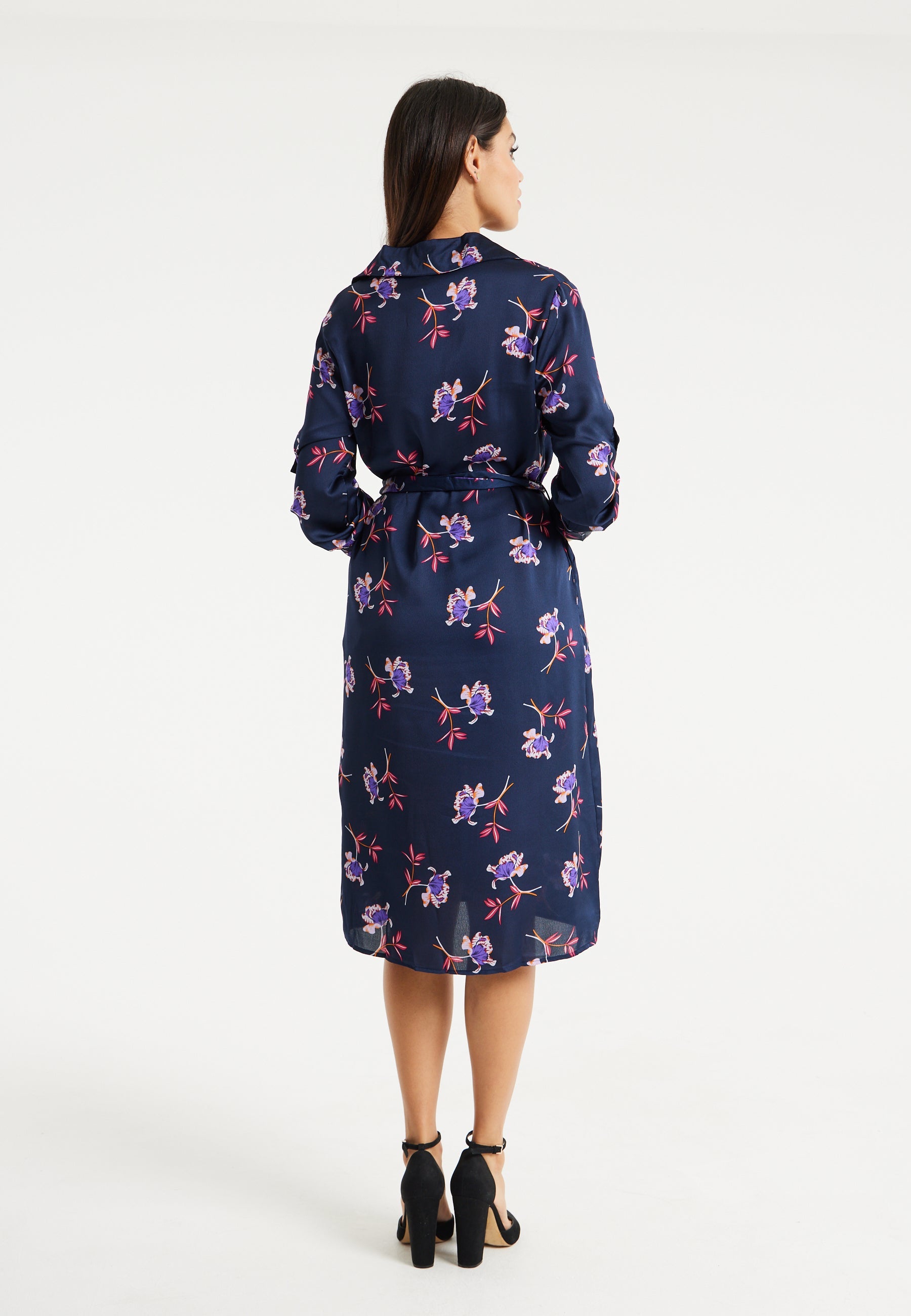 Women's Floral Print Navy Midi Shirt Dress with Long Sleeves and Unique Tie-Side Detail for Effortless Elegance