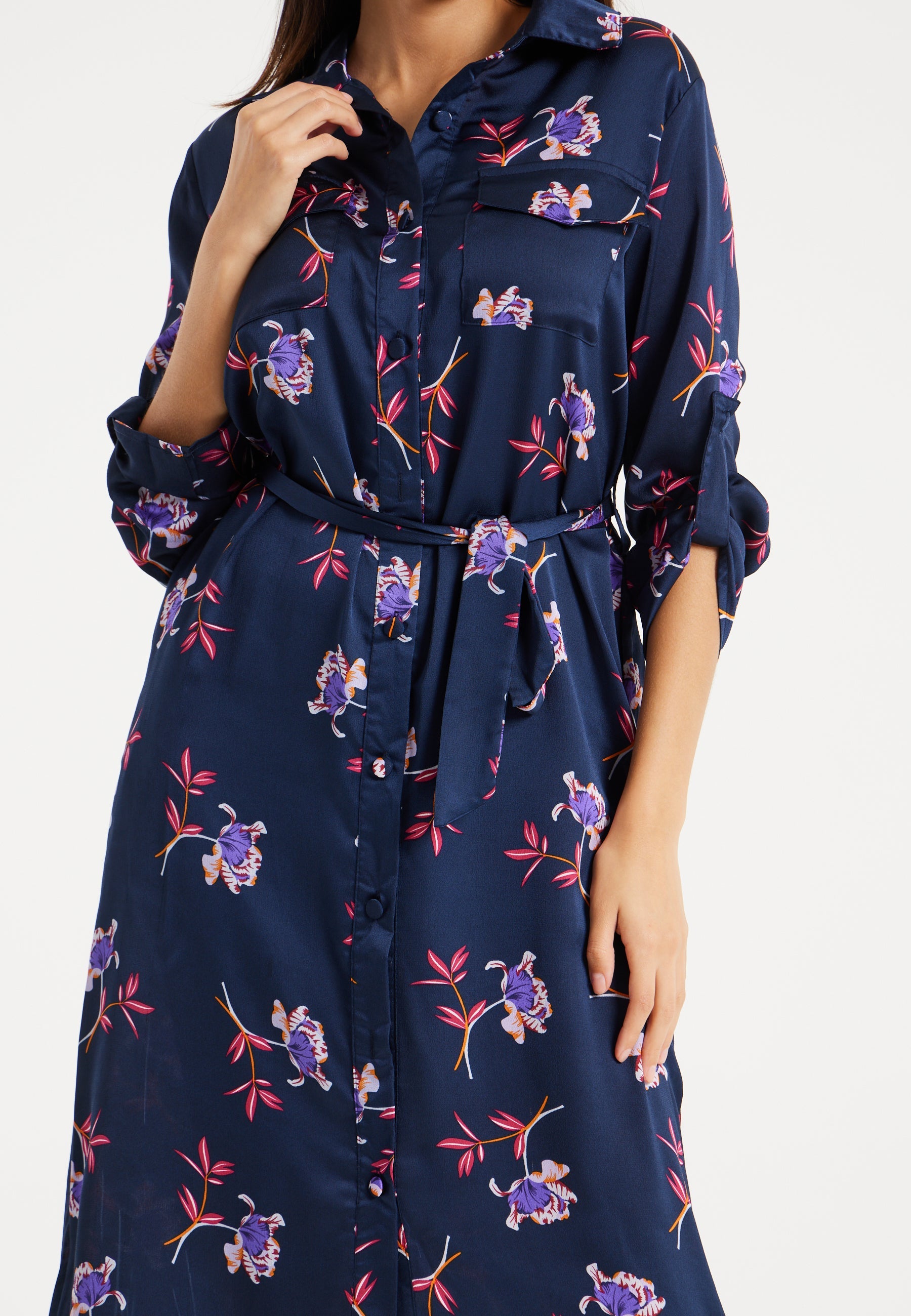 Women's Floral Print Navy Midi Shirt Dress with Long Sleeves and Unique Tie-Side Detail for Effortless Elegance