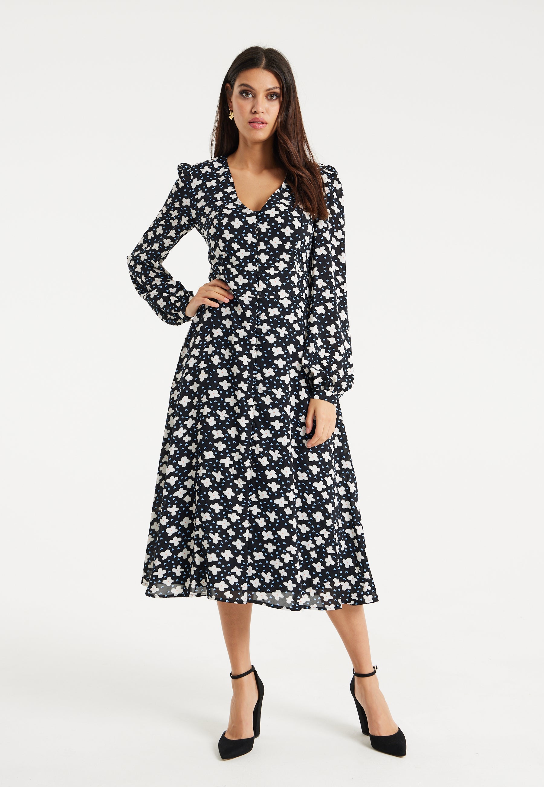 Women's Midi Dress with Puffy Sleeves in Black - Floral and Heart Print by Liquorish